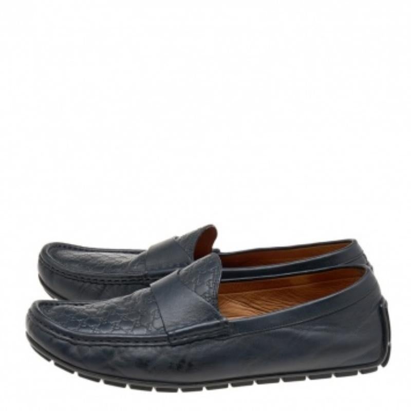 Gucci Mitternachtsblauer Micro Guccissima Leder Slip On Loafers Größe 42 (Schwarz)