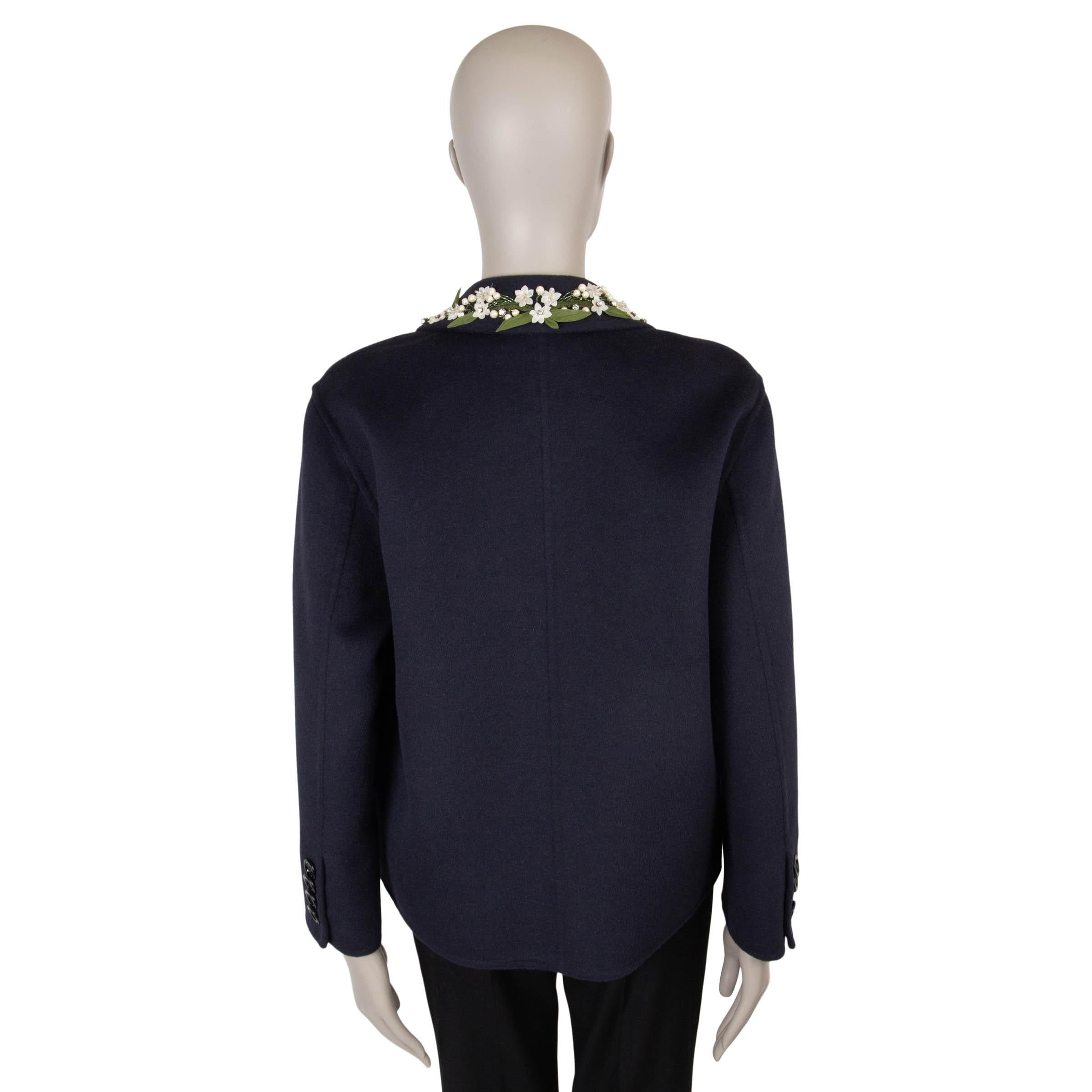 Black GUCCI midnight blue wool & angora 2018 FLOWER EMBELLISHED Jacket 42 M For Sale
