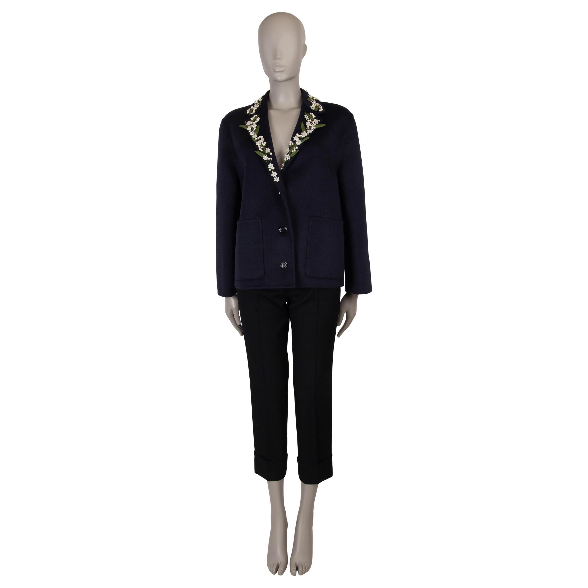 GUCCI midnight blue wool & angora 2018 FLOWER EMBELLISHED Jacket 42 M In Excellent Condition For Sale In Zürich, CH