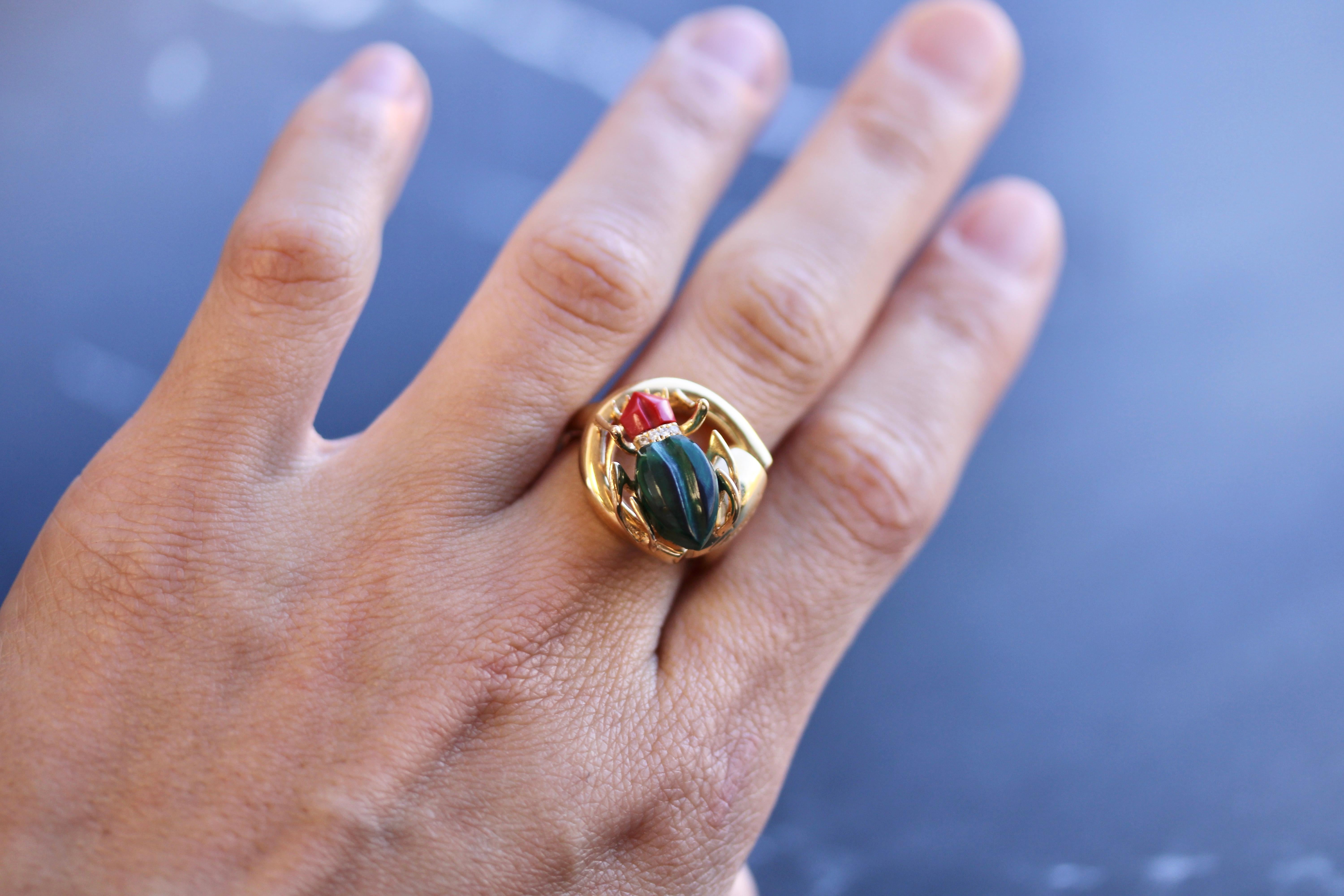 Gucci Milano 18K Yellow Gold Beetle Ring With Diamonds, Coral And Malachi 3