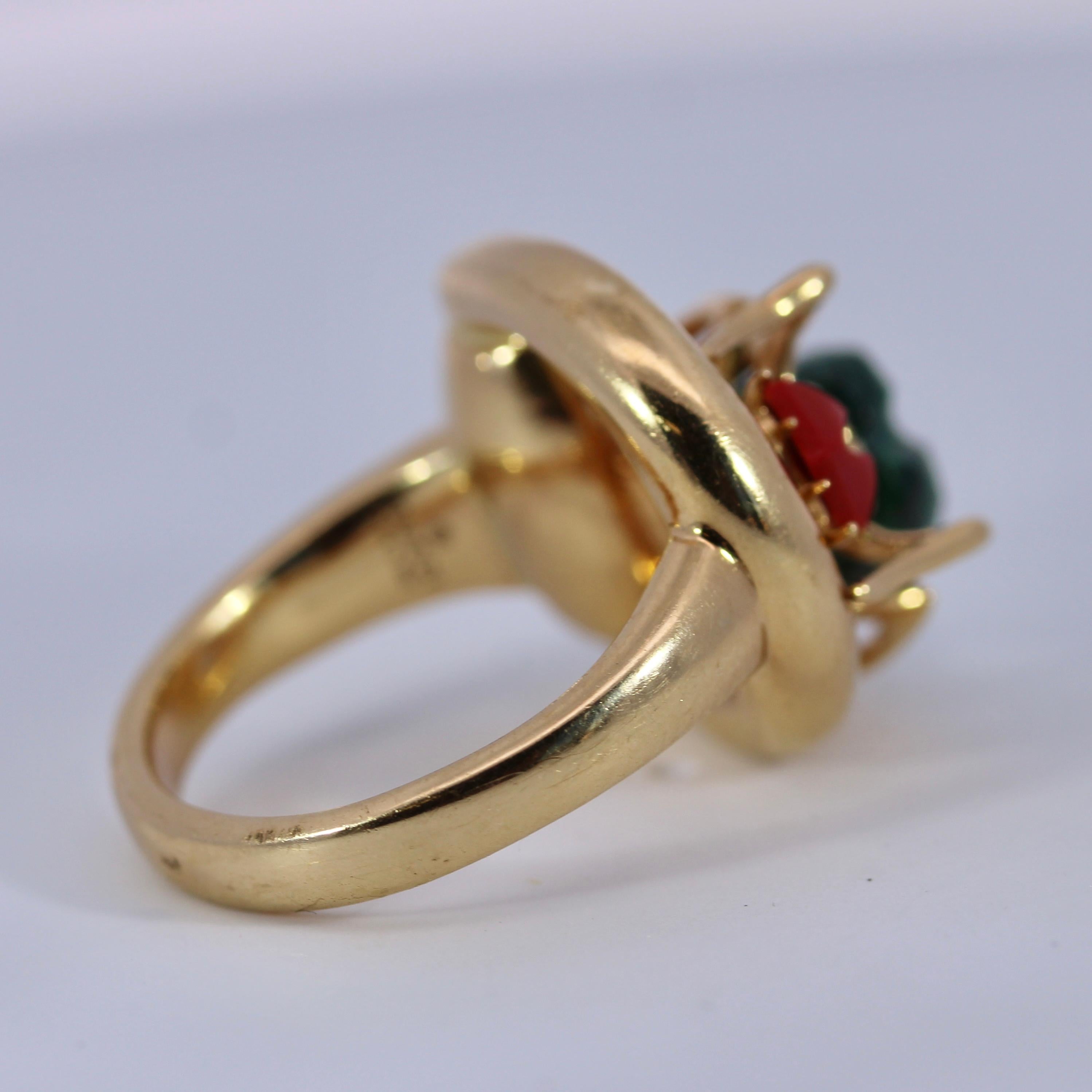Women's Gucci Milano 18K Yellow Gold Beetle Ring With Diamonds, Coral And Malachi For Sale