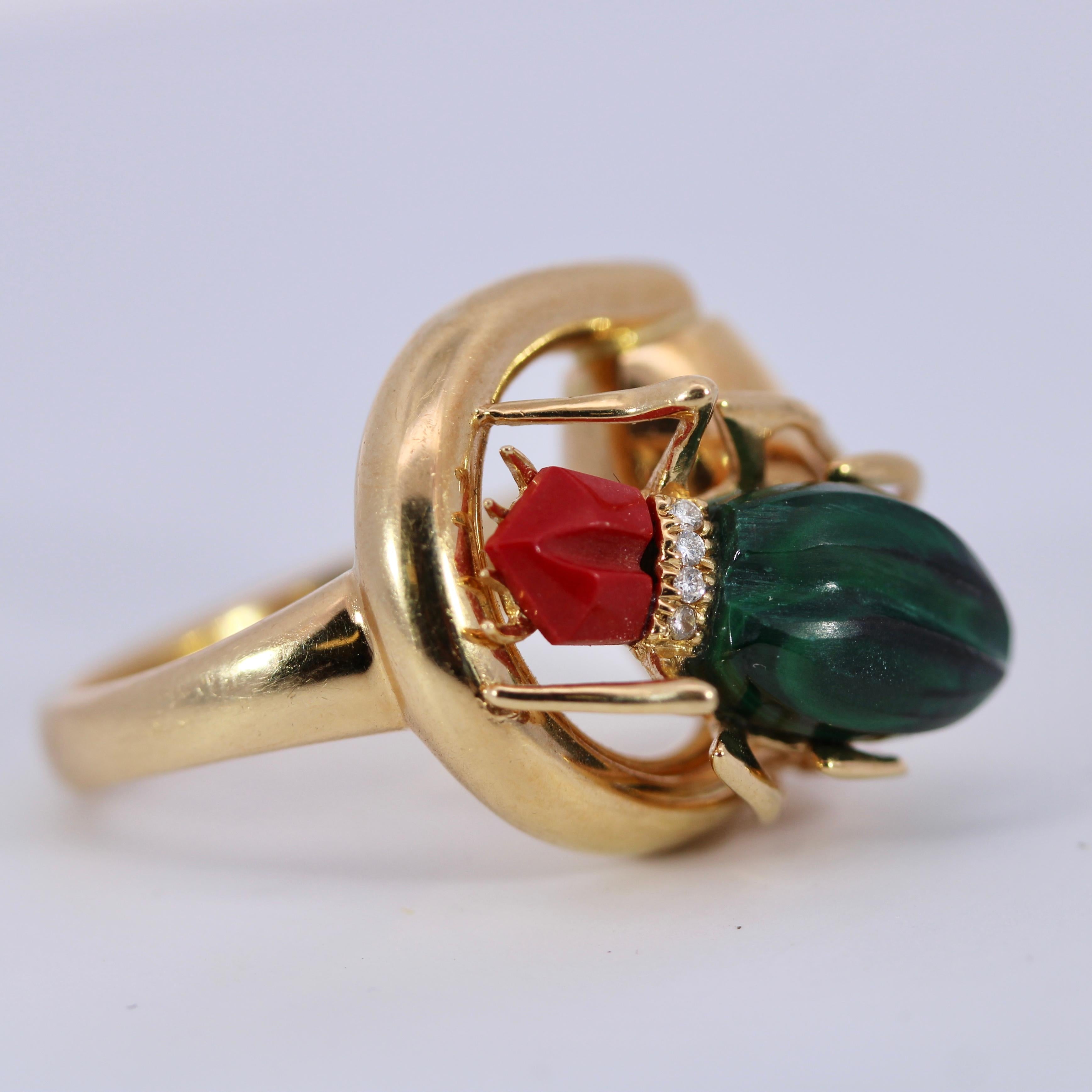 Gucci Milano 18K Yellow Gold Beetle Ring With Diamonds, Coral And Malachi 1