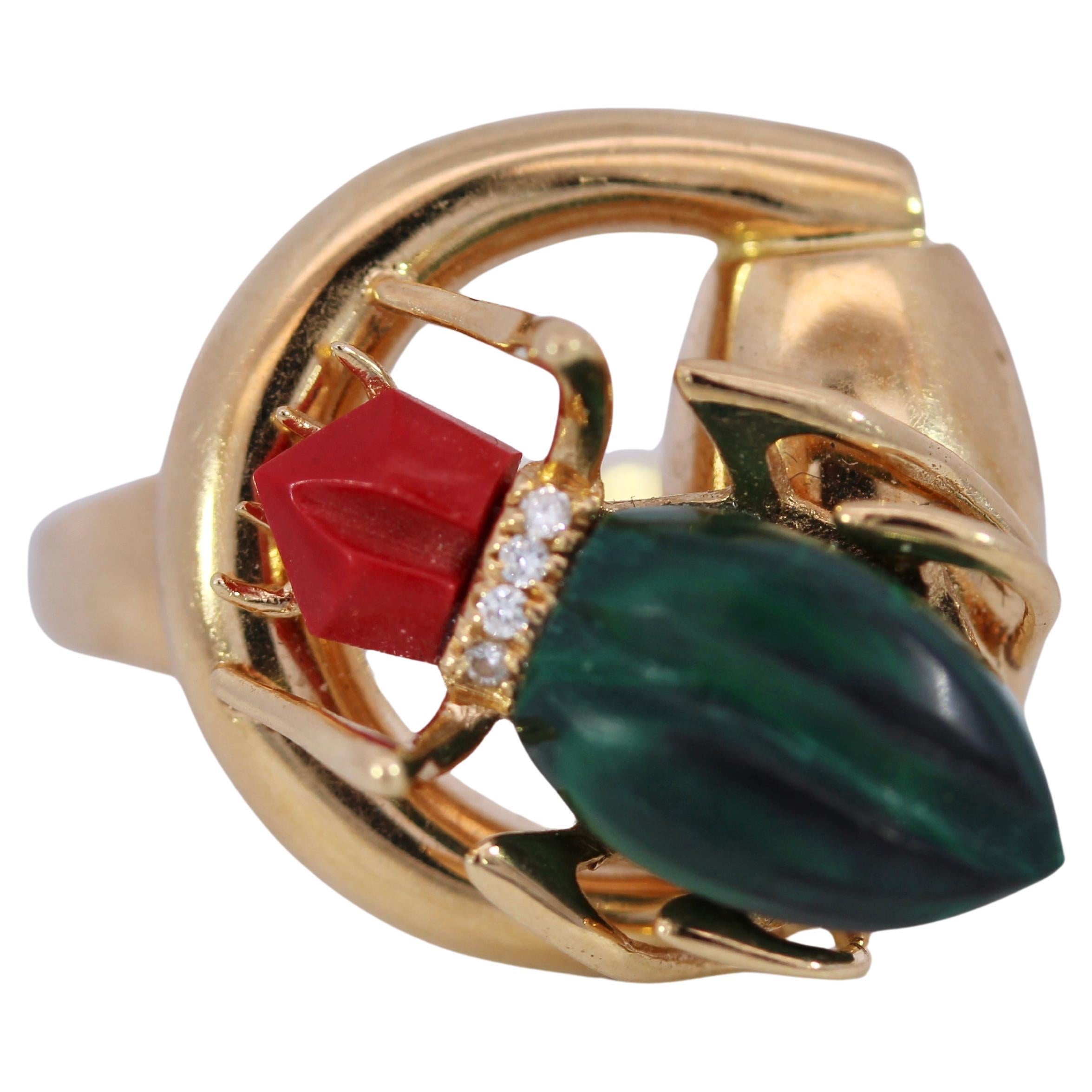 Gucci Milano 18K Yellow Gold Beetle Ring With Diamonds, Coral And Malachi For Sale