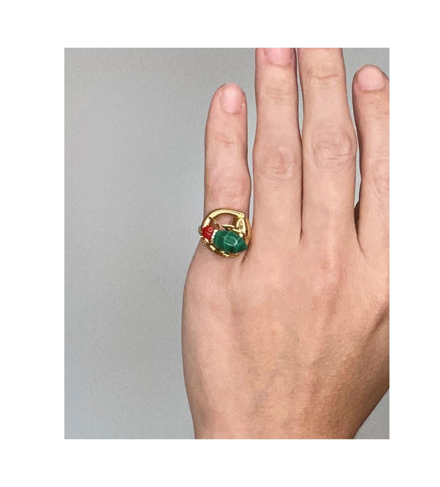 Gucci Milano 18Kt Yellow Gold Beetle Ring with Diamonds, Coral and Malachite 2