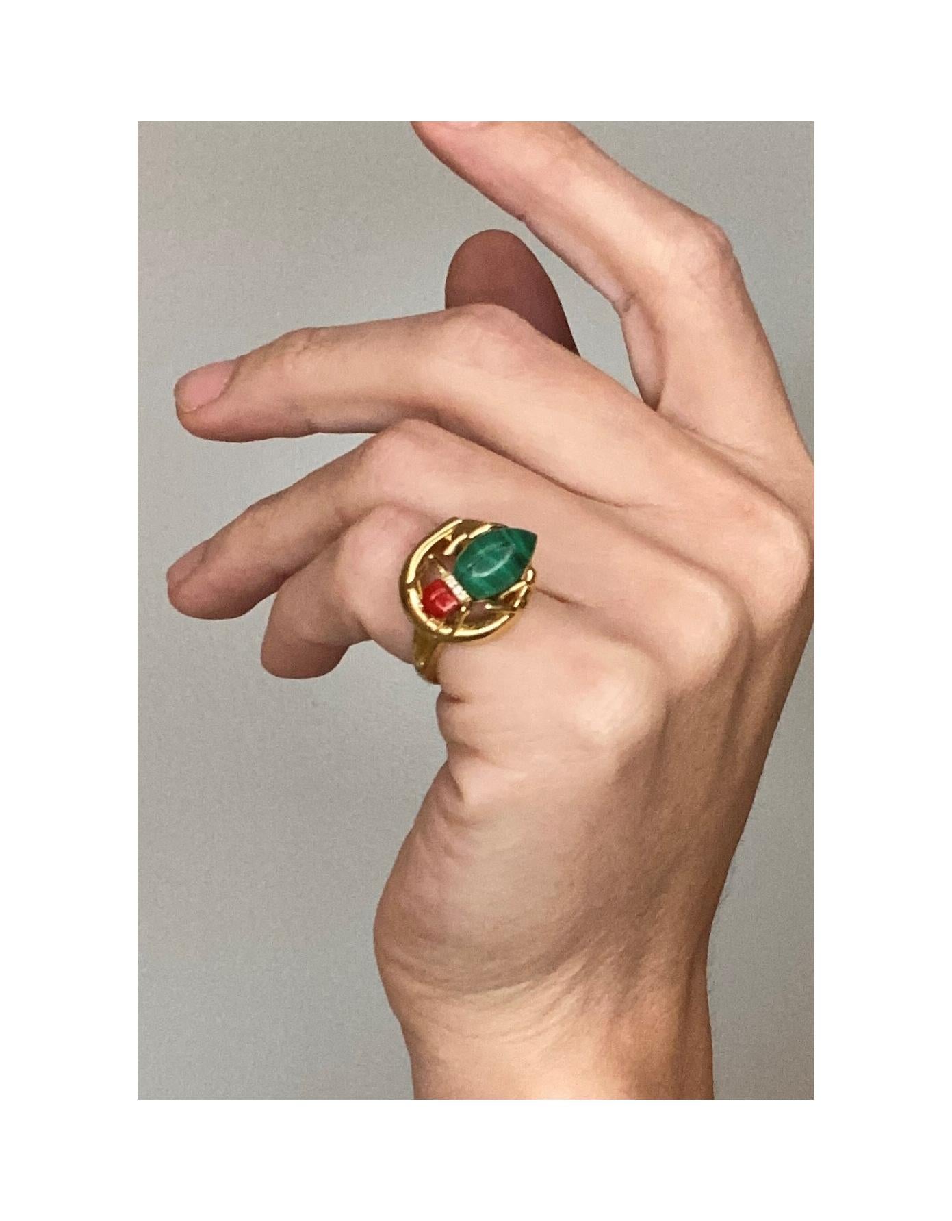 Gucci Milano 18Kt Yellow Gold Beetle Ring with Diamonds, Coral and Malachite 3