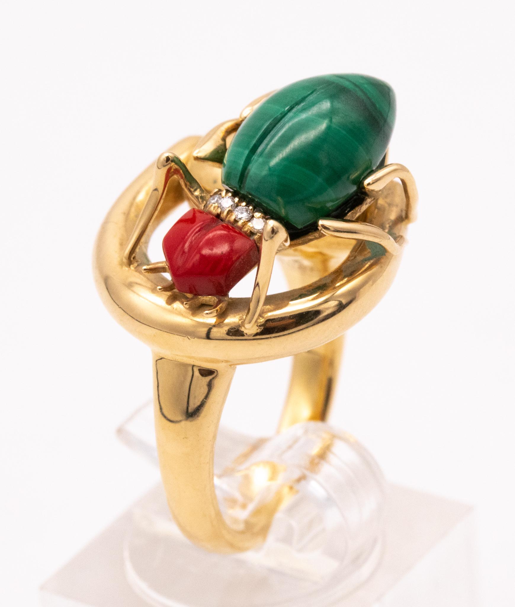 Retro Gucci Milano 18Kt Yellow Gold Beetle Ring with Diamonds, Coral and Malachite