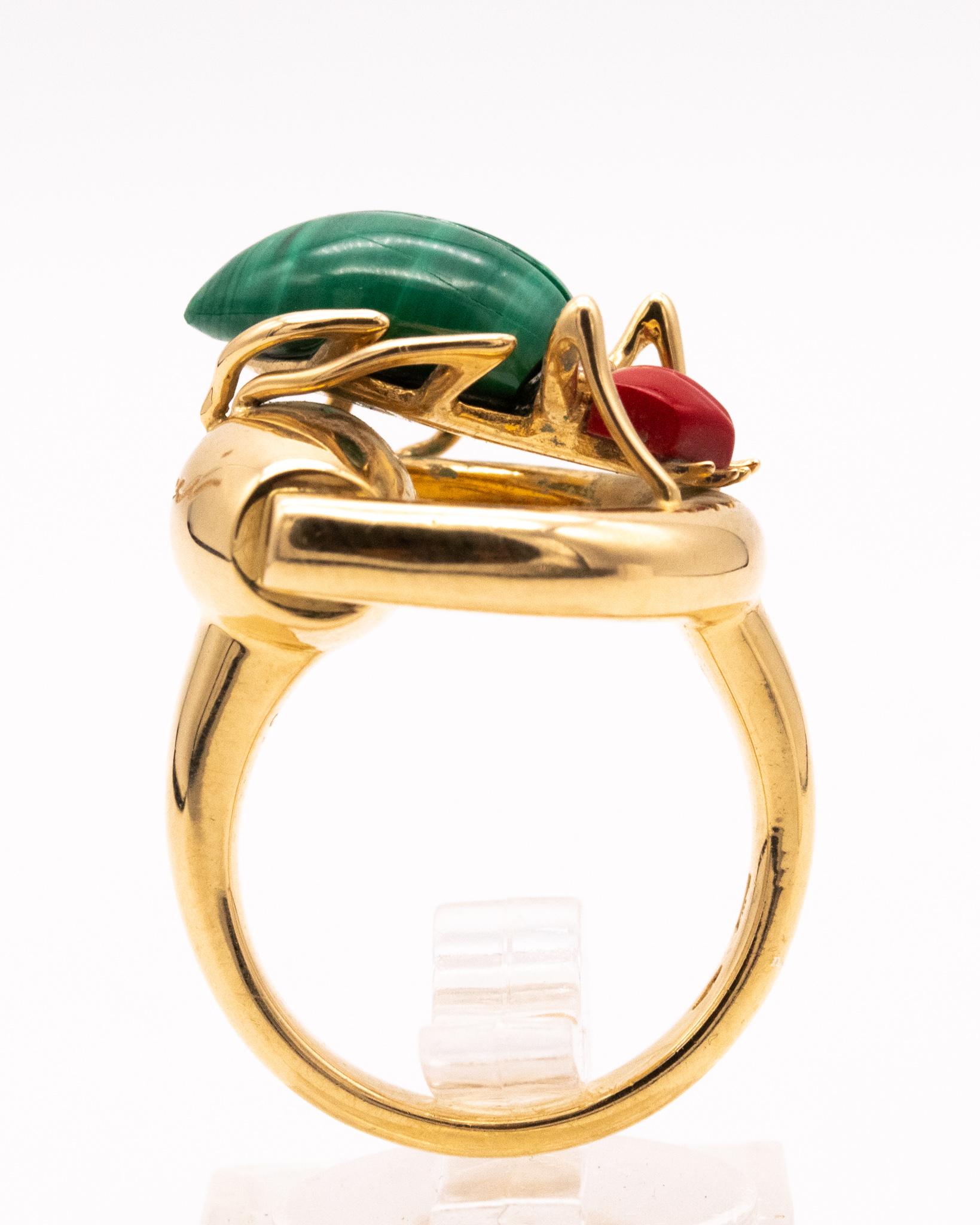 Mixed Cut Gucci Milano 18Kt Yellow Gold Beetle Ring with Diamonds, Coral and Malachite