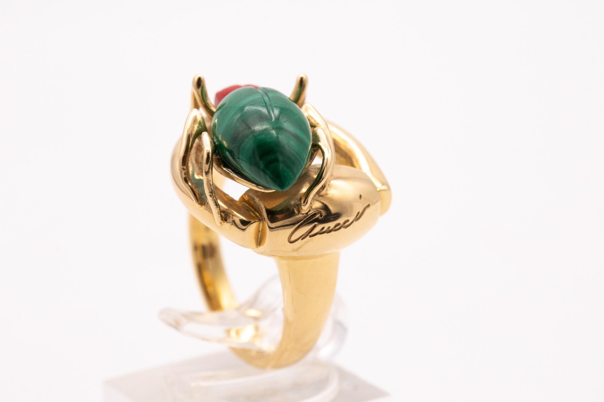 Gucci Milano 18Kt Yellow Gold Beetle Ring with Diamonds, Coral and Malachite In Excellent Condition In Miami, FL