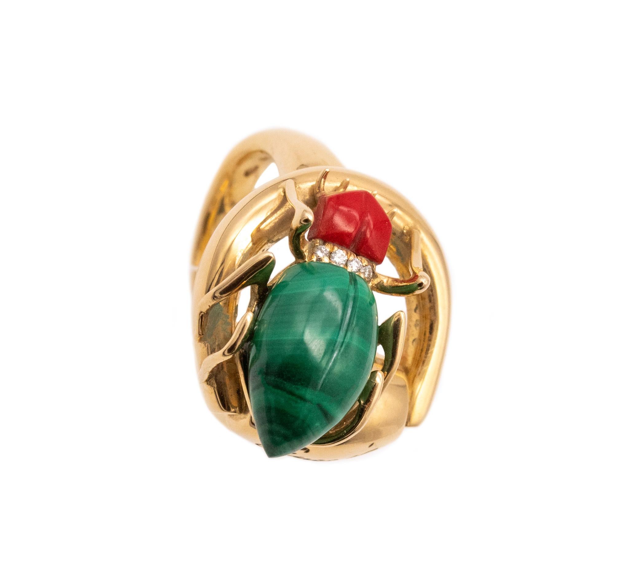 Women's or Men's Gucci Milano 18Kt Yellow Gold Beetle Ring with Diamonds, Coral and Malachite