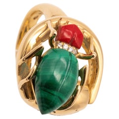 Gucci Milano 18Kt Yellow Gold Beetle Ring with Diamonds, Coral and Malachite