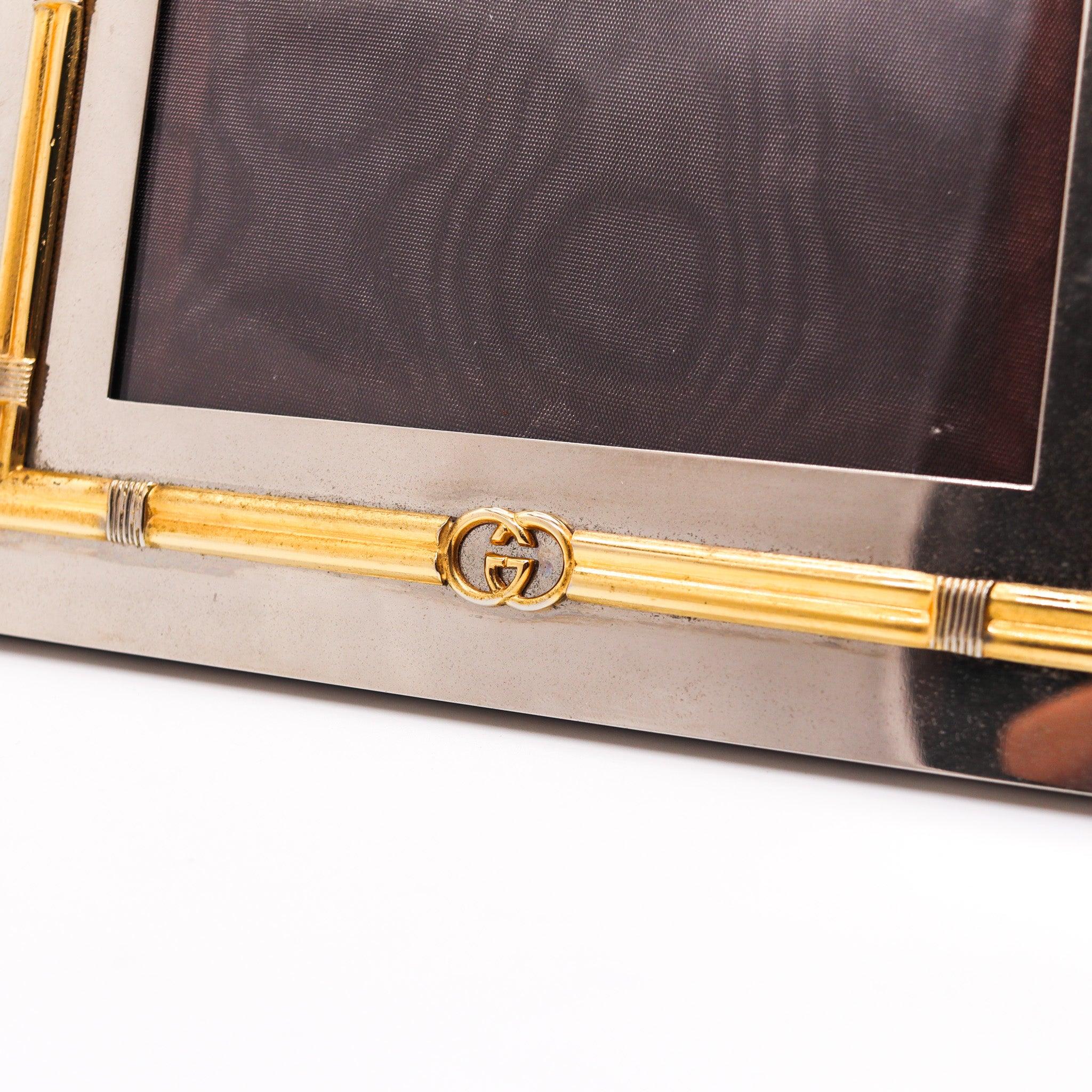 Mid-Century Modern GUCCI Milano 1970 Table-Desk Picture Frame In Polished Chrome and Gilt Bronze