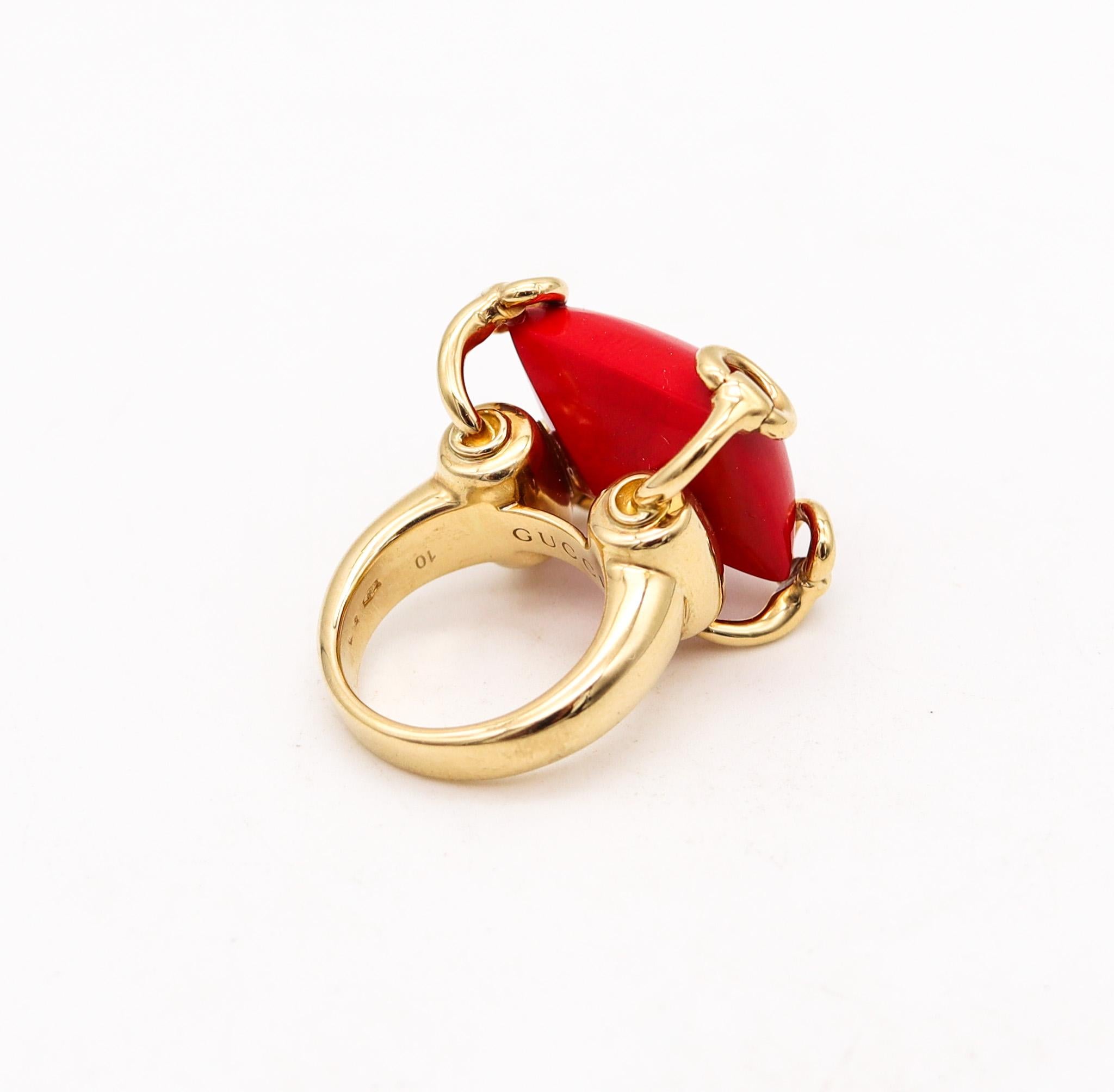 Cabochon Gucci Milano Horse bits Cocktail Ring In 18Kt Yellow Gold with 24.45 Cts Coral For Sale