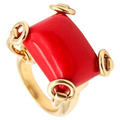 Vintage Gucci Milano Horse bits Cocktail Ring In 18Kt Yellow Gold with 24.45 Cts Coral