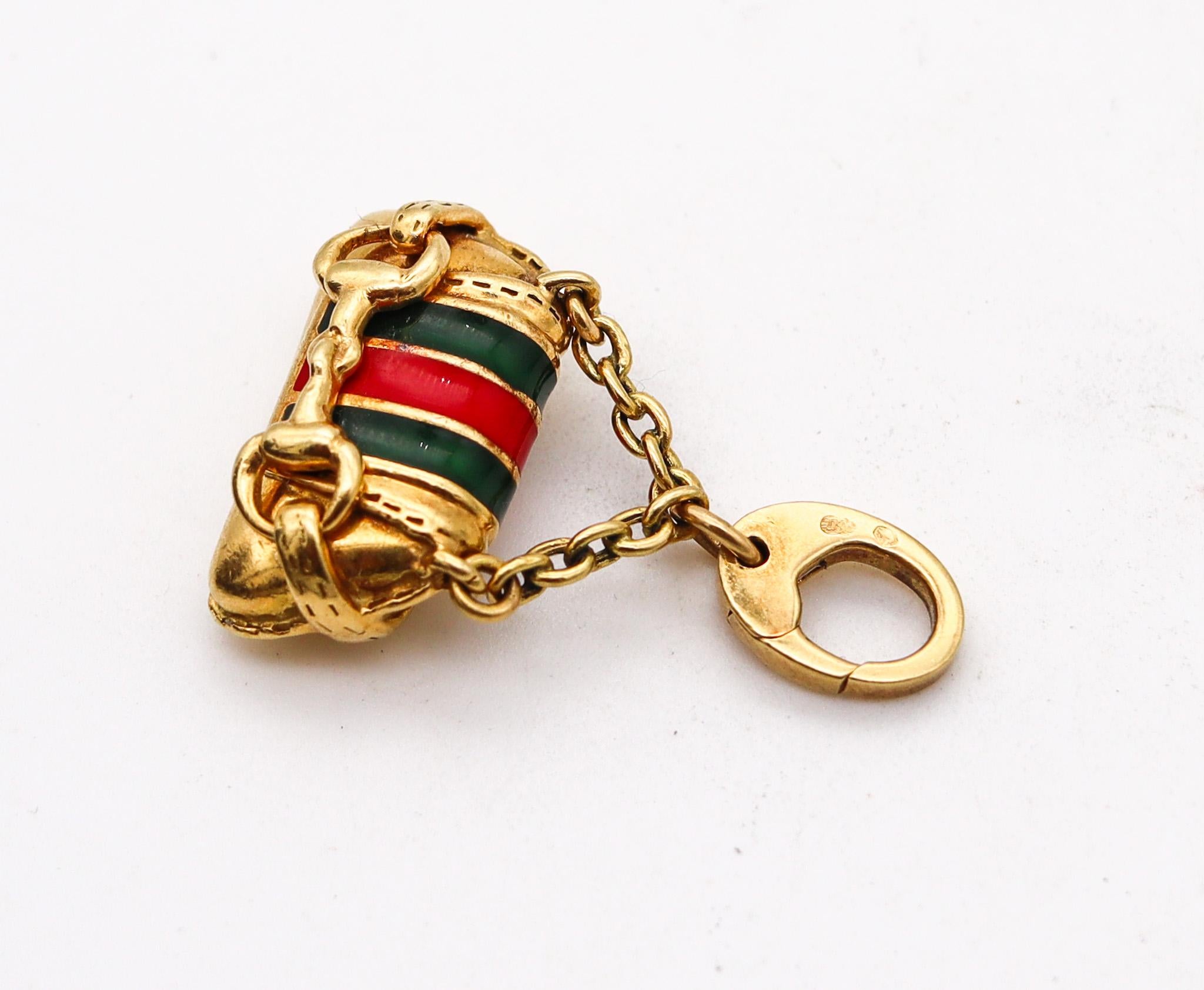 Modernist Gucci Milano Horsebit Bag Charm Pendant In 18Kt Gold With Red And Green Enamel