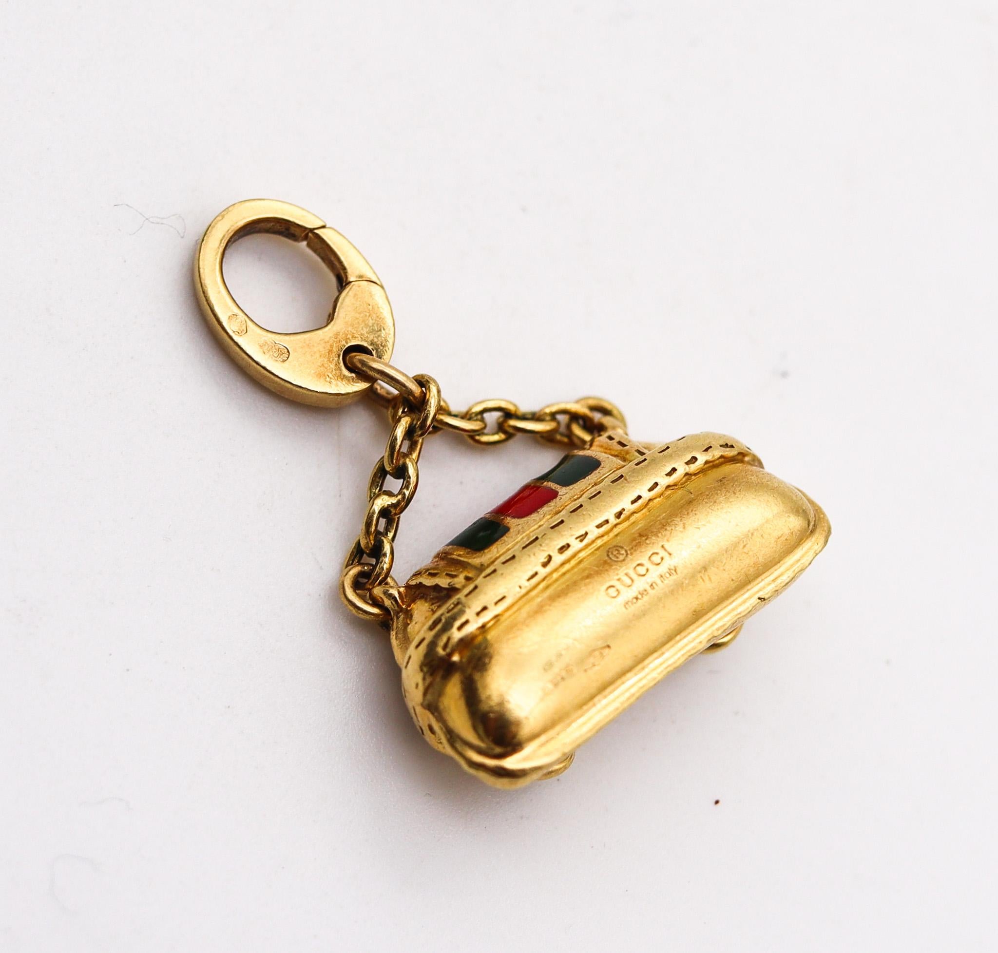Gucci Milano Horsebit Bag Charm Pendant In 18Kt Gold With Red And Green Enamel In Excellent Condition In Miami, FL