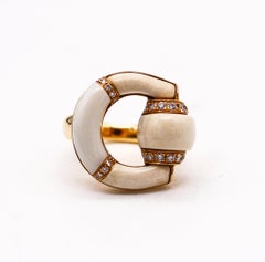 Gucci Milano Horsebit Cocktail Ring in 18Kt Gold with Diamonds and White Jasper