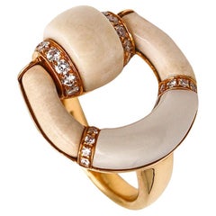 Vintage Gucci Milano Horsebit Cocktail Ring in 18Kt Gold with Diamonds and White Jasper