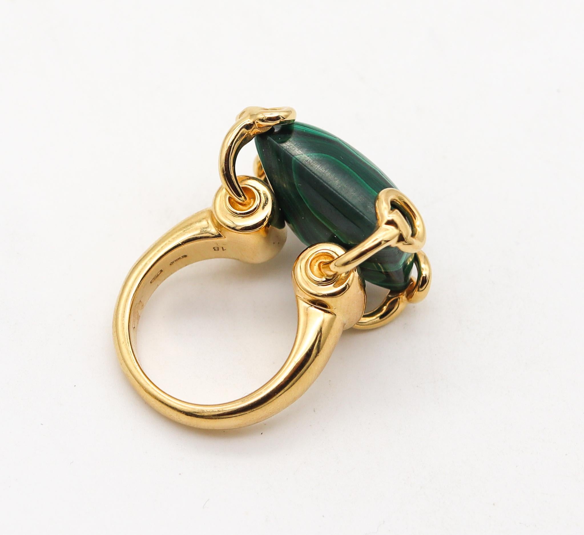 Cabochon Gucci Milano Horsebit Cocktail Ring In 18Kt Yellow Gold with 26.65 Cts Malachite For Sale