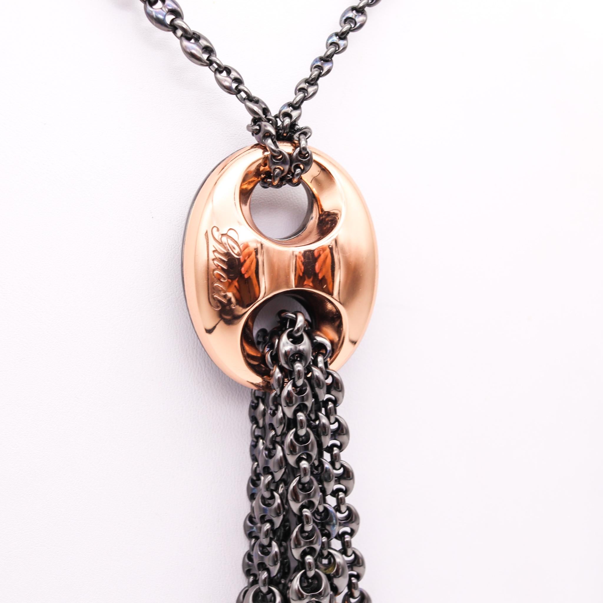 Long mariner necklace sautoir designed by Gucci.

Beautiful and rare modernist piece, created in Milano Italy by the house of Gucci. This long drop sautoir necklace, was crafted with mariner links in solid yellow gold of 18 karats and blackened