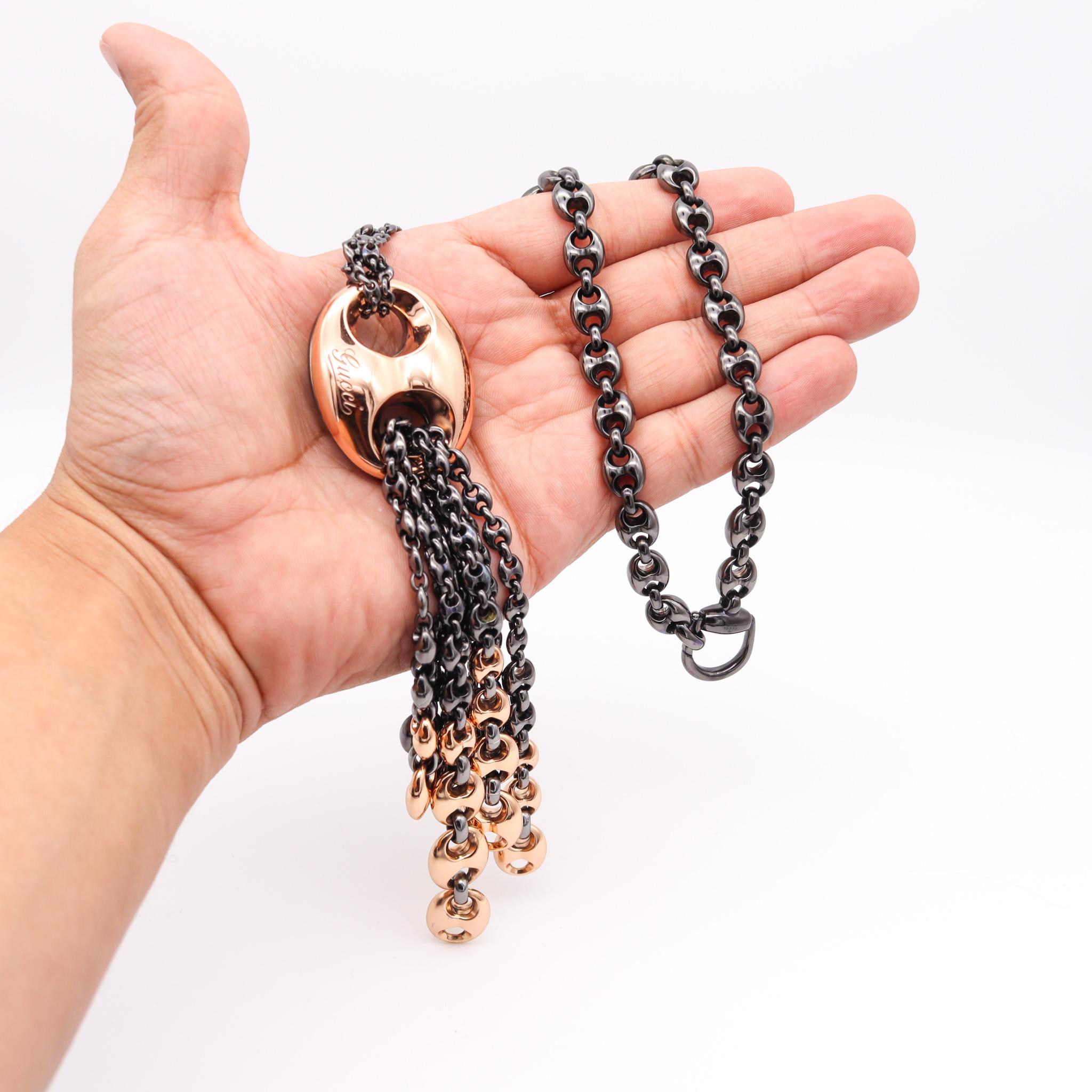 Women's Gucci Milano Long Drop Mariner Necklace Sautoir in 18Kt Gold & Blackened Silver