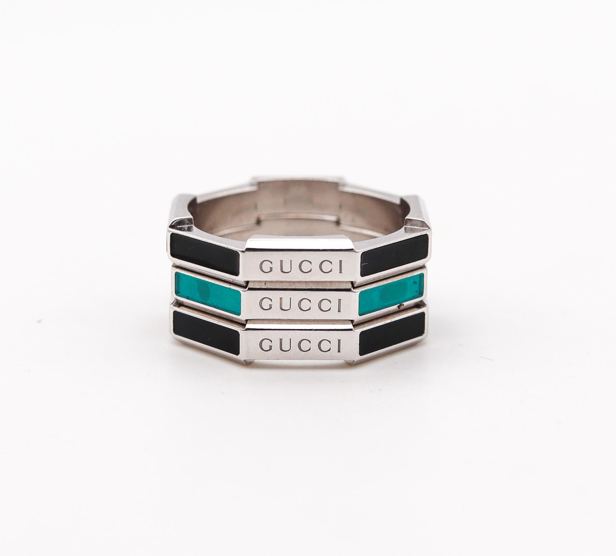Links to love trio stackable rings designed by Gucci.

These models are one of the ultimate jewelry pieces by this Italian fashion Maison. A beautiful trio of rings from the collection named Links To Love, created in Milano Italy by the house of