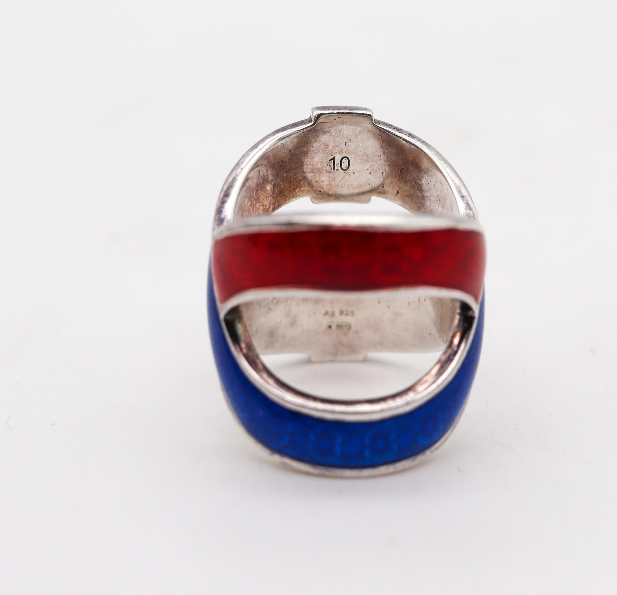 Modern Gucci Milano Vintage Red and Blue Enamel Ring in Solid .925 Sterling Silver For Sale