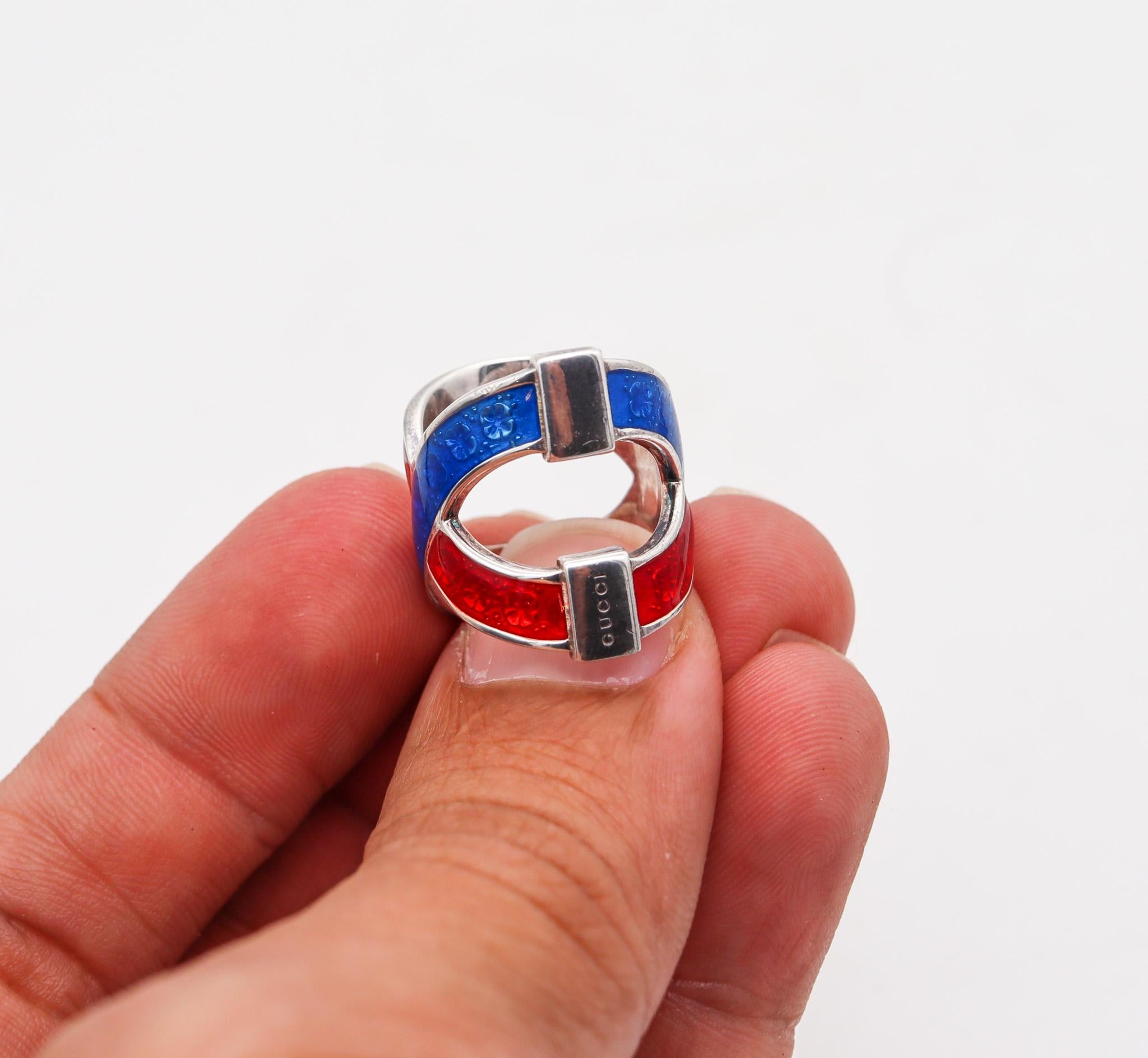 Gucci Milano Vintage Red and Blue Enamel Ring in Solid .925 Sterling Silver In Excellent Condition For Sale In Miami, FL