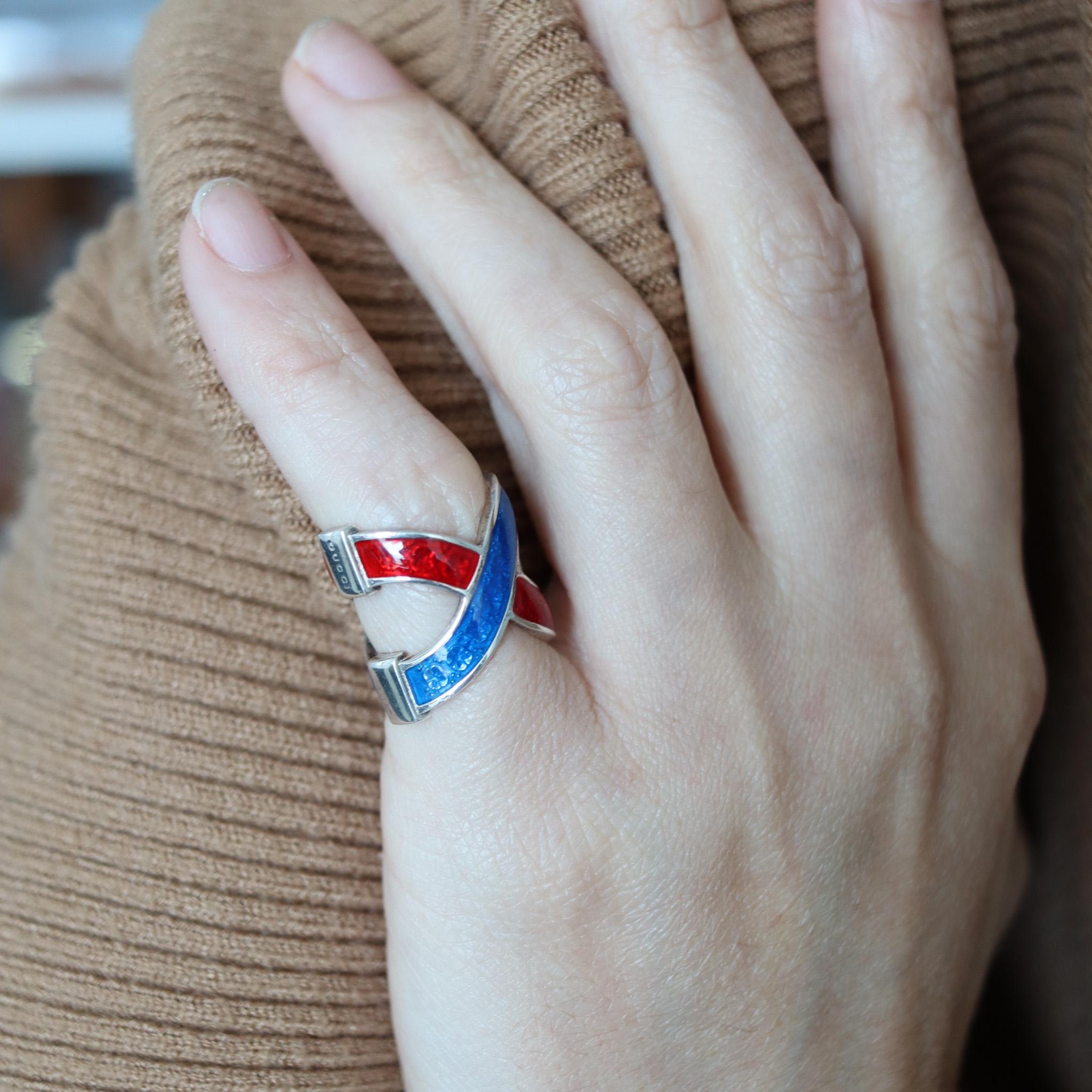 Women's or Men's Gucci Milano Vintage Red and Blue Enamel Ring in Solid .925 Sterling Silver For Sale