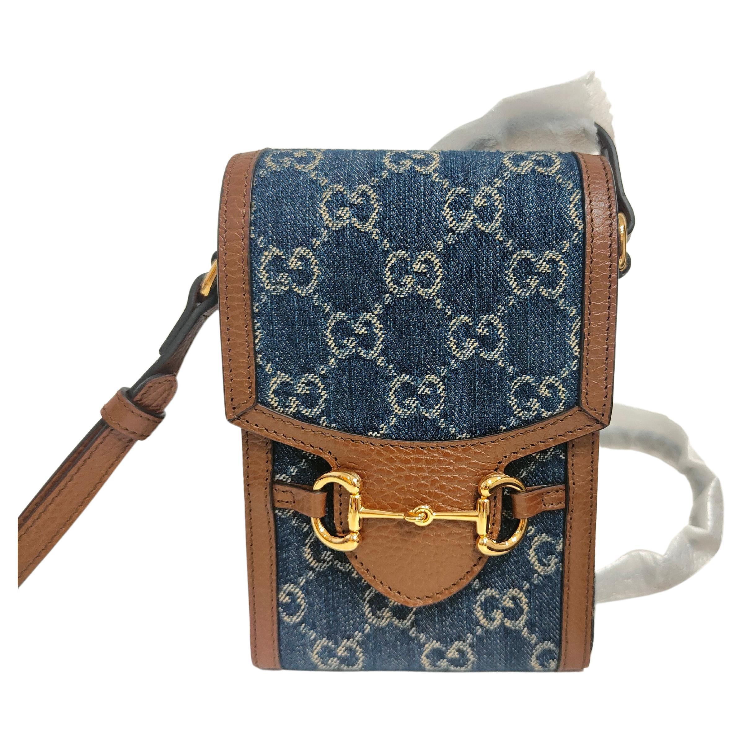 Gucci mini denim Brown leather horsebit in1955 bag NWOT