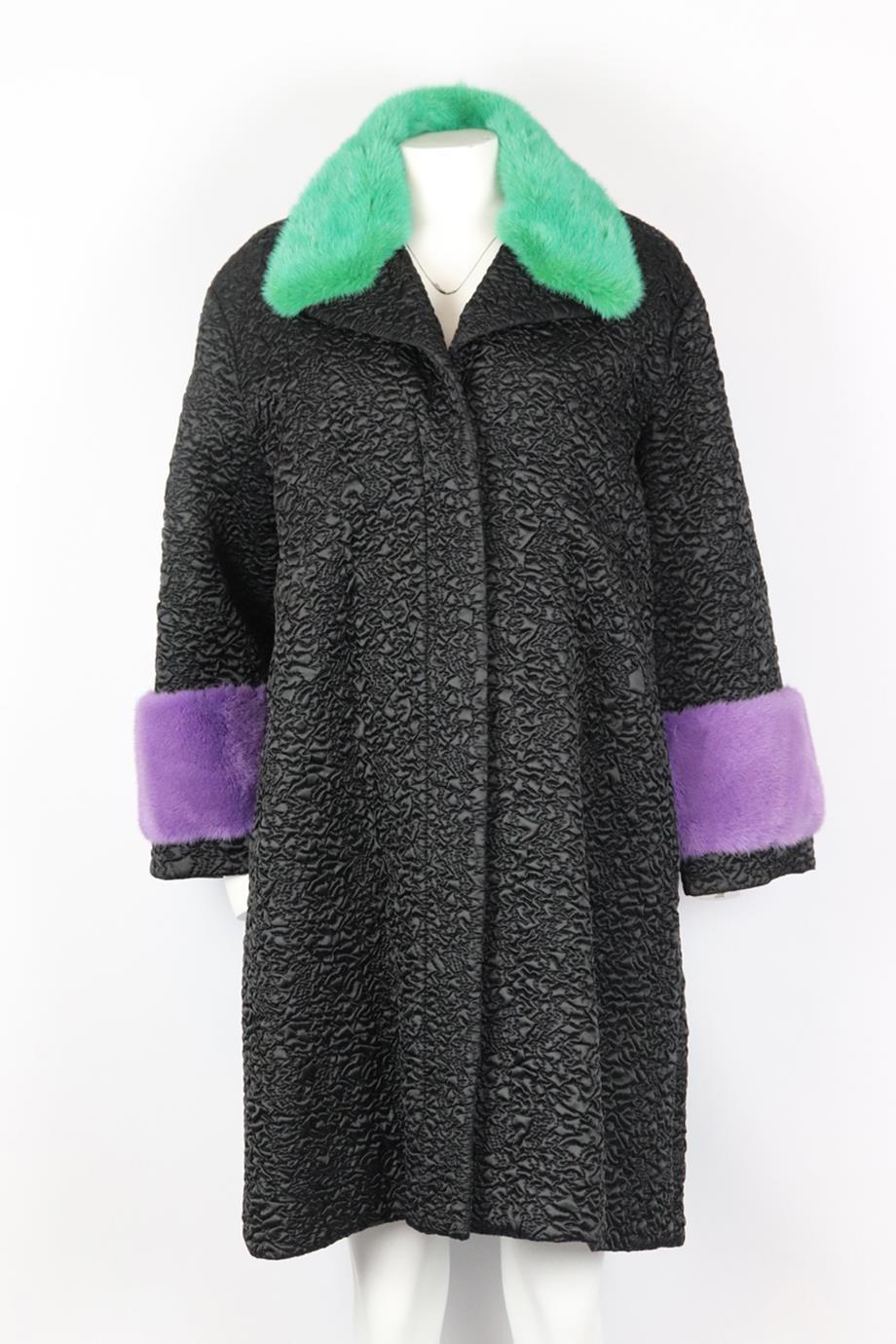 Gucci mink fur trimmed quilted shell coat. Black, purple and green. Long sleeve, v-neck. Zip fastening at front. 100% Polyamide; fabric2: 96% polyamide, 4% elastane; details: 100% mink fur; filling: 100% polyester; lining: 100% polyamide. Size: IT