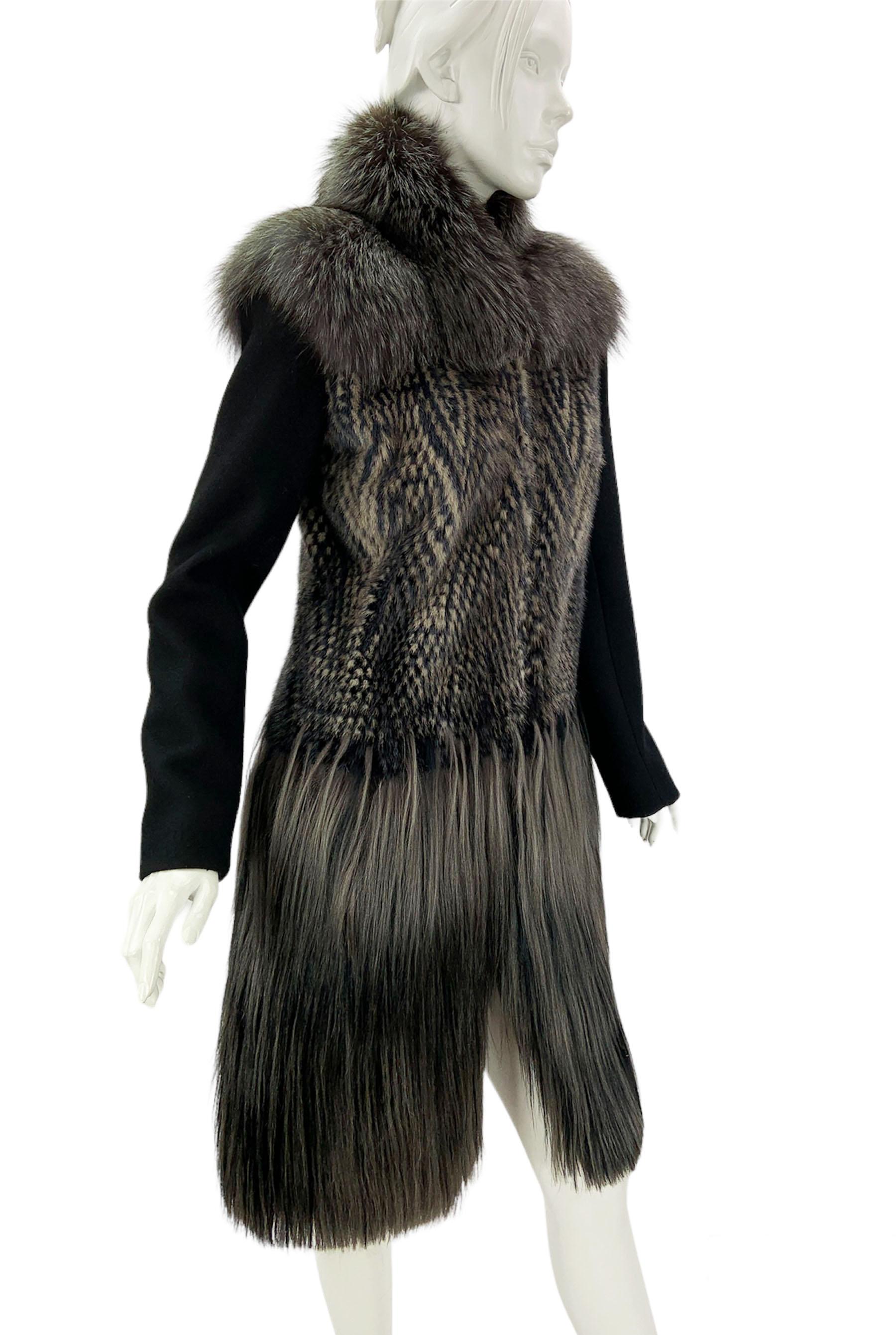 Gucci Fur Combination Long Coat 
Italian size - 38
Amazing combination of real fur - Fox, Mink and Goat ( place of origin Finland).
Sleeves - 90% wool, 10% cashmere, Lining - 100% silk.
Straight silhouette, Side pockets, Hook and eye