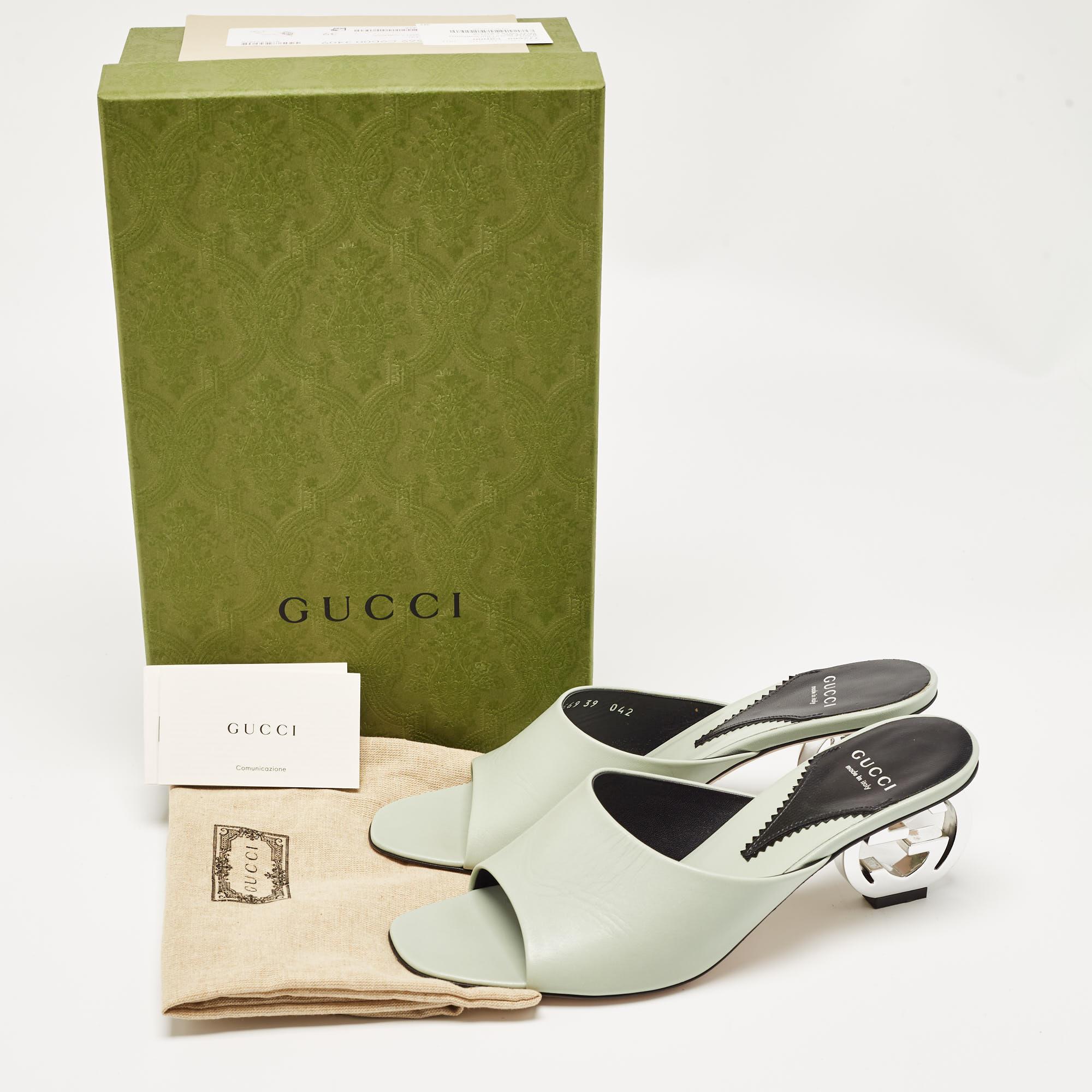 Gucci Mint Green Leather Interlocking G Heel Slide Sandals Size 39 5