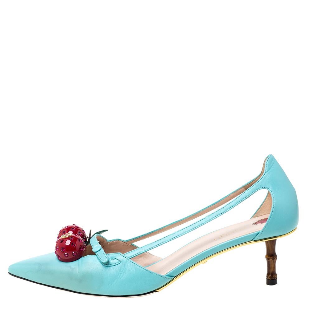 These pointed-toe pumps from Gucci have come straight from a shoe lover's dream. Crafted from mint green leather, detailed with cherry motifs and balanced on 6 cm bamboo heels, the pumps are lovely and gorgeous!

Includes
Original Dustbag