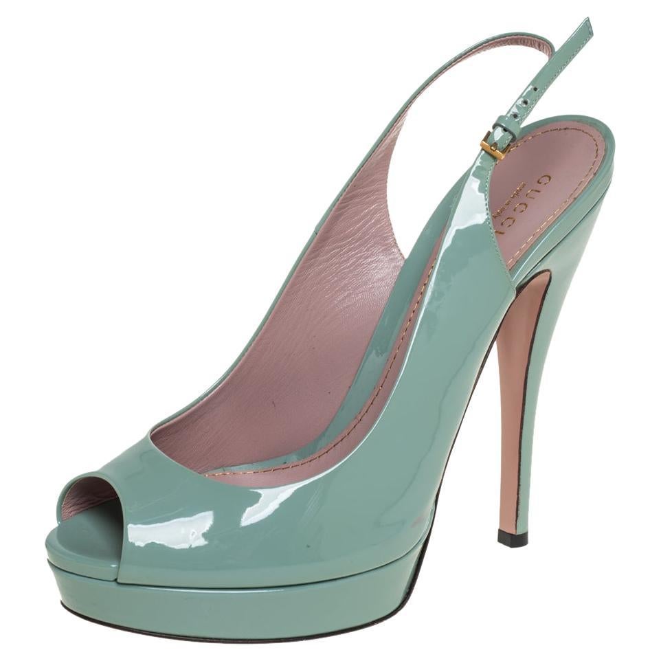 Gucci Green Patent Leather Peep Toe Sandals Size 40 at 1stDibs