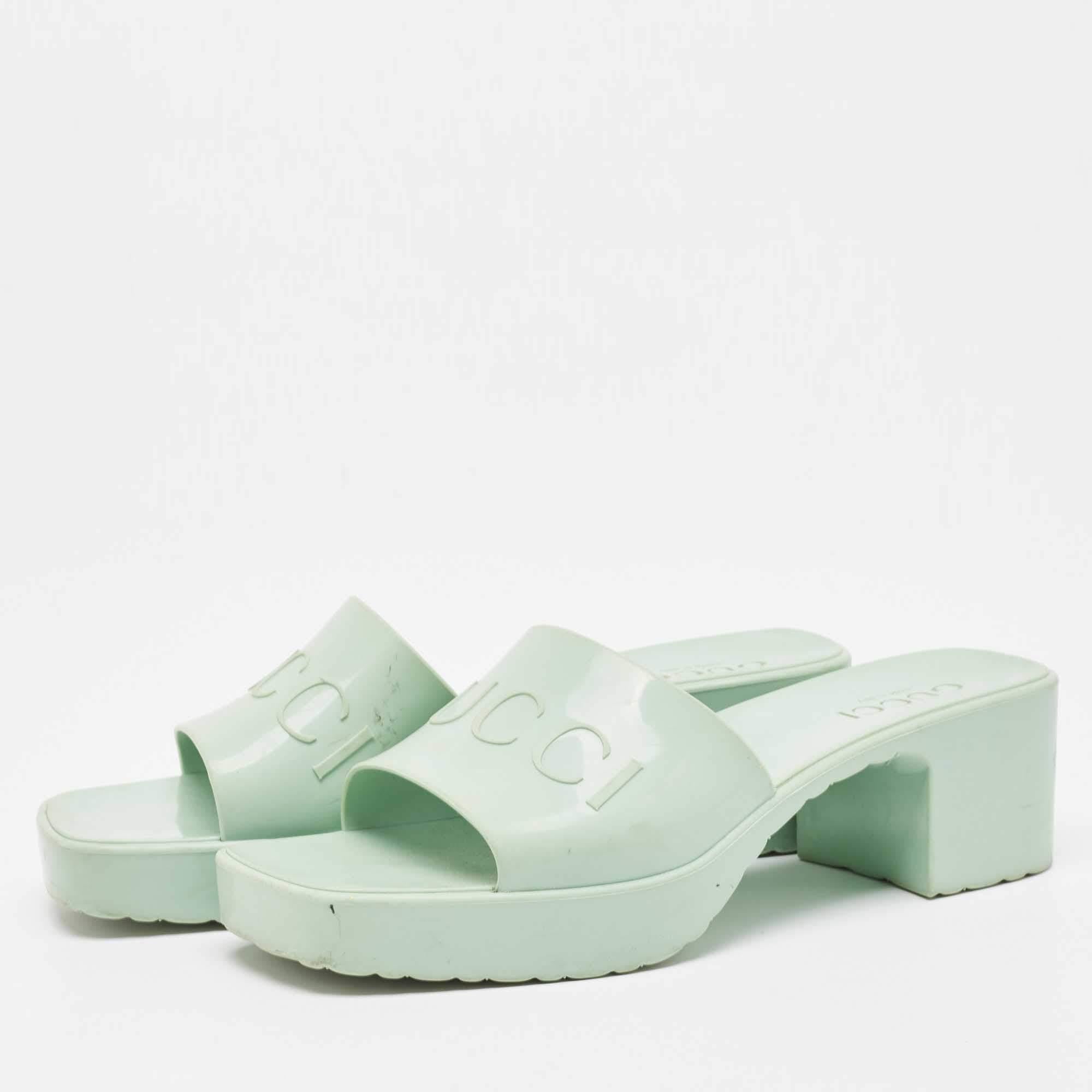 Gucci Mint Green Rubber Logo Embossed Slide Sandals Size 38 1