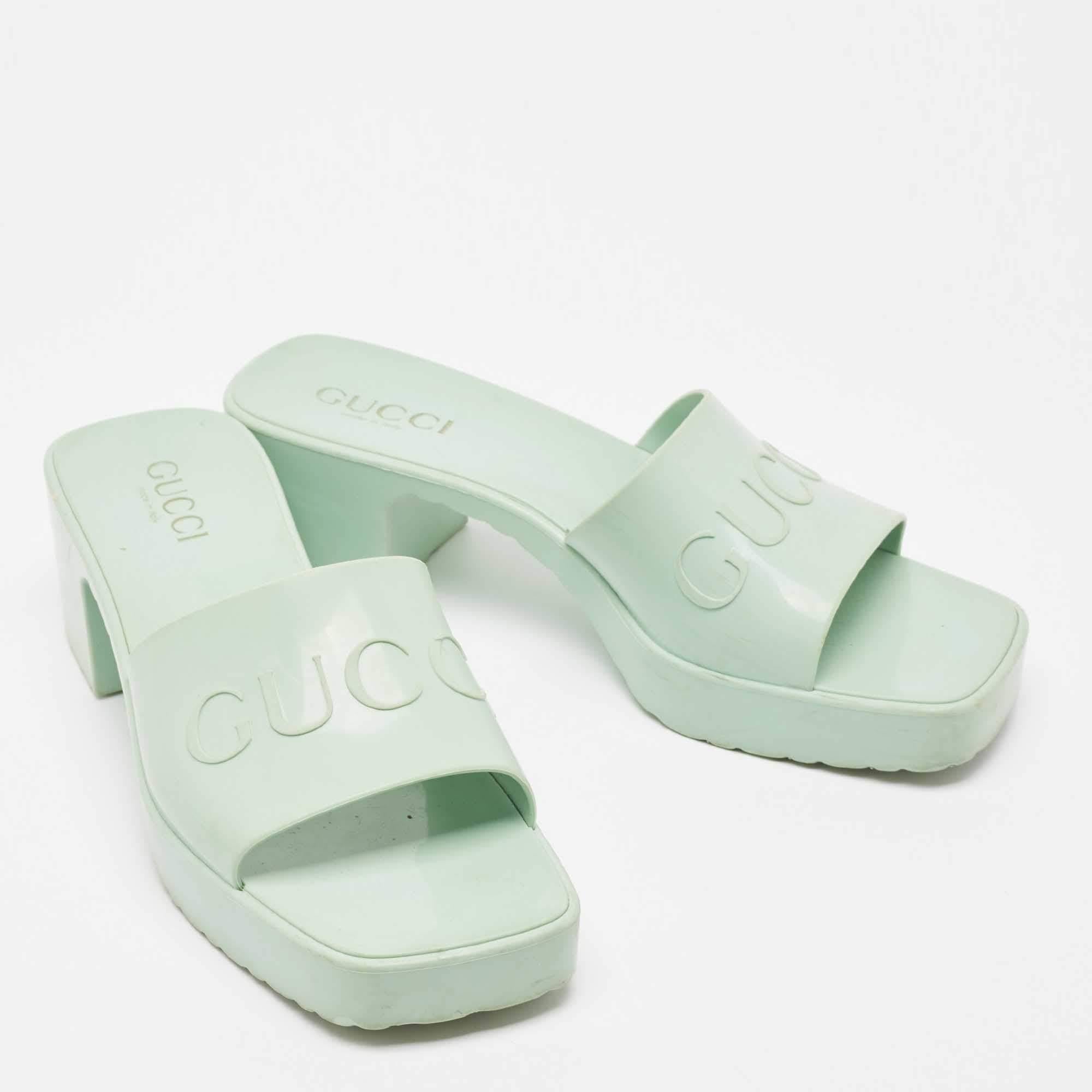 Gucci Mint Green Rubber Logo Embossed Slide Sandals Size 38 2