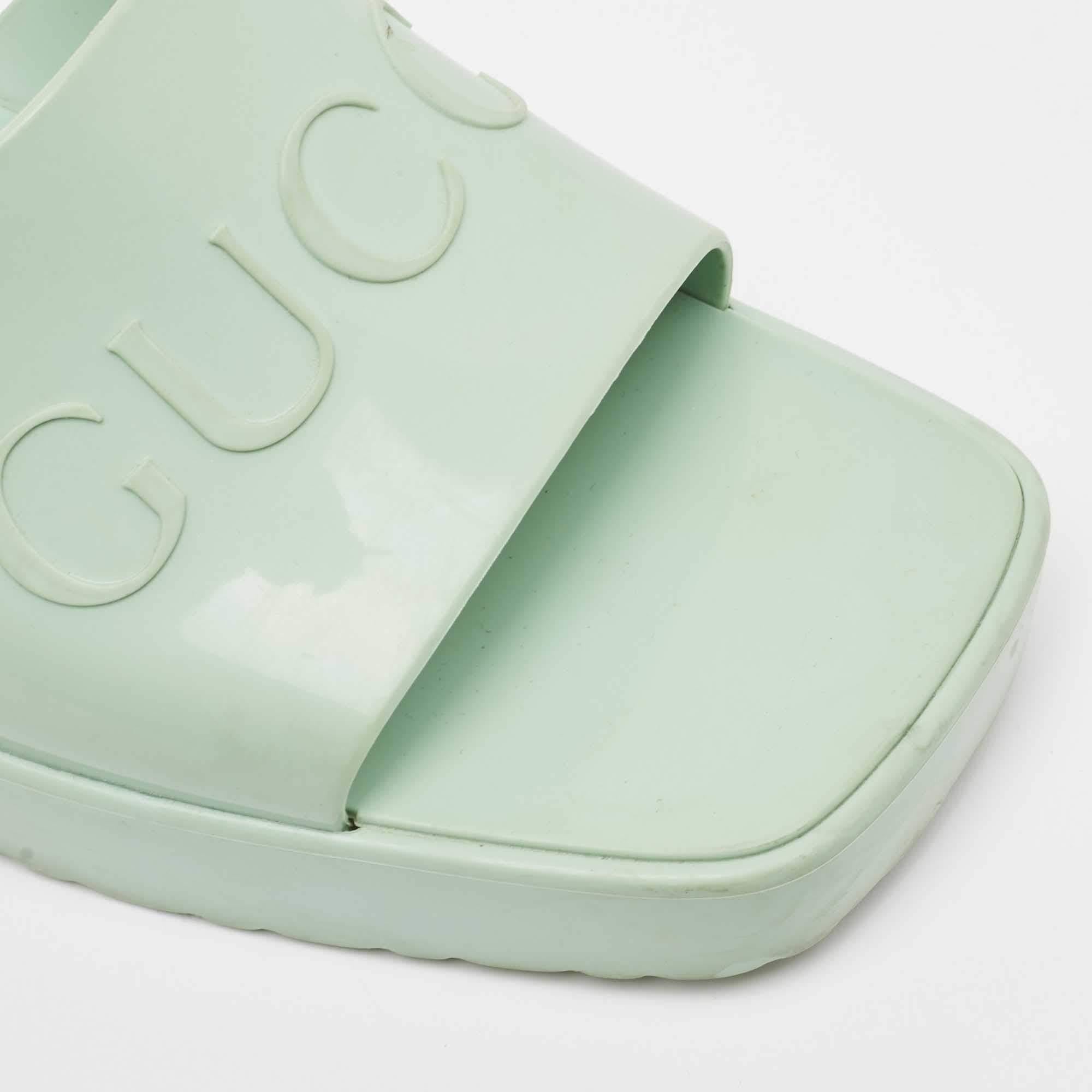 Gucci Mint Green Rubber Logo Embossed Slide Sandals Size 38 4