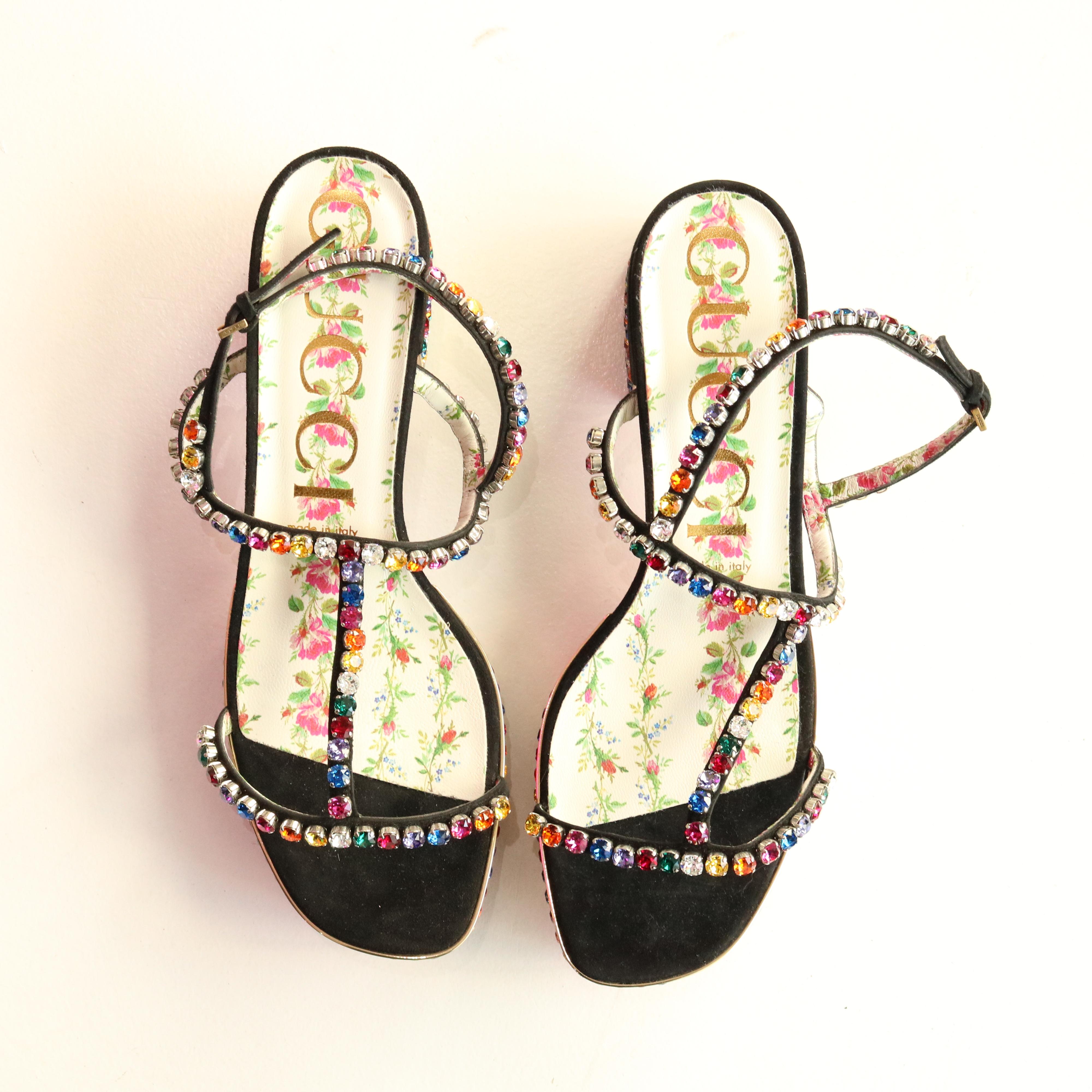 Gucci suede sandal with allover multicolor crystal embellishments.
Size 40 
2 1/2