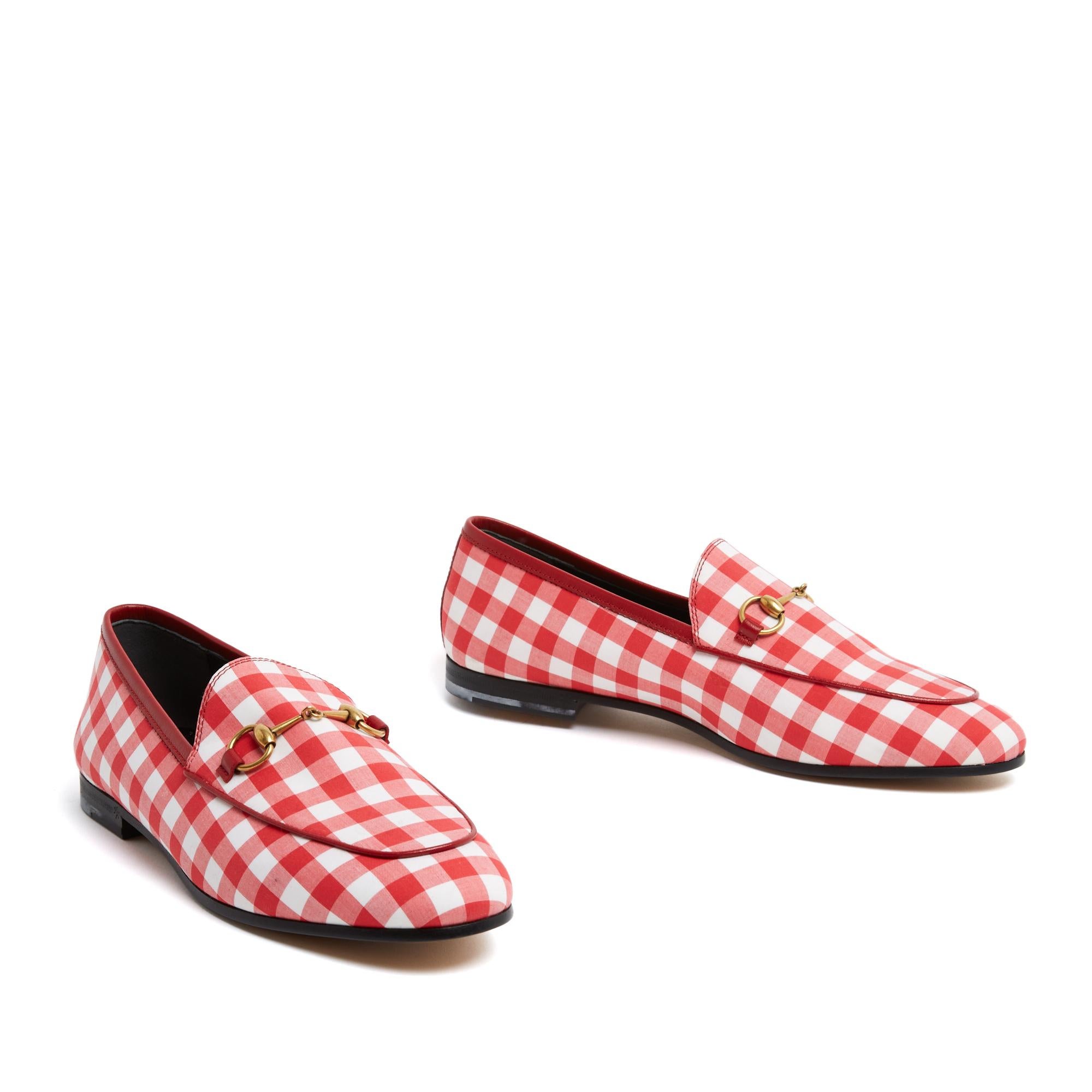 Gucci Mocassins Jordaan EU38.5 Red Vichy Canvas and Leather Flats Loafers UK5.5 In New Condition For Sale In PARIS, FR