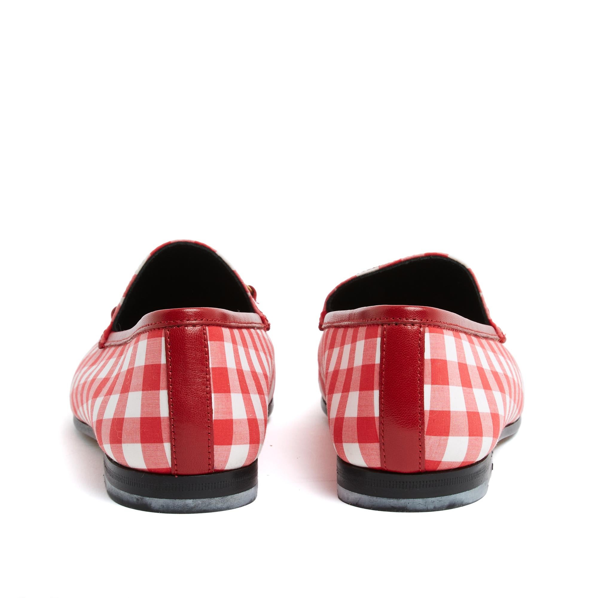 Women's Gucci Mocassins Jordaan EU38.5 Red Vichy Canvas and Leather Flats Loafers UK5.5 For Sale