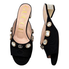Gucci Moire Crystal Embellished Lyric Interlocking GG Slip On Slides Mules 37.5