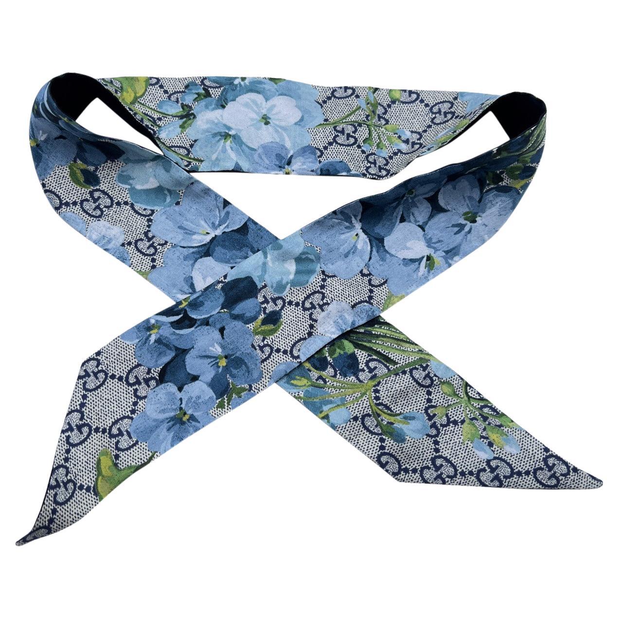 Gucci Monogram Blue Bloom Silk Twilly Scarf Wrap Bandeau