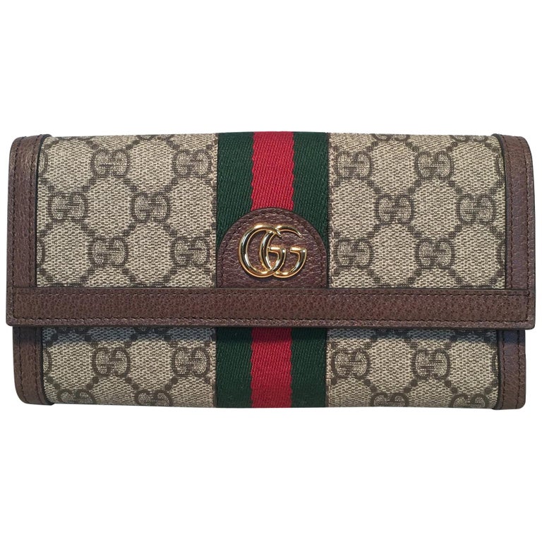 Gucci Monogram Brown Leather and Striped Canvas Wallet For Sale at 1stdibs