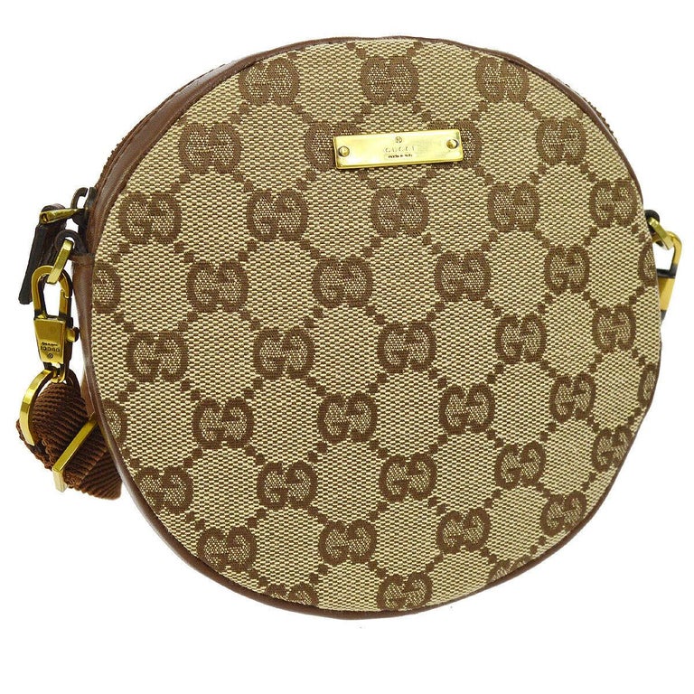Gucci Monogram Brown Leather Round Gold Logo Charm Mini Small Shoulder Bag For Sale at 1stdibs