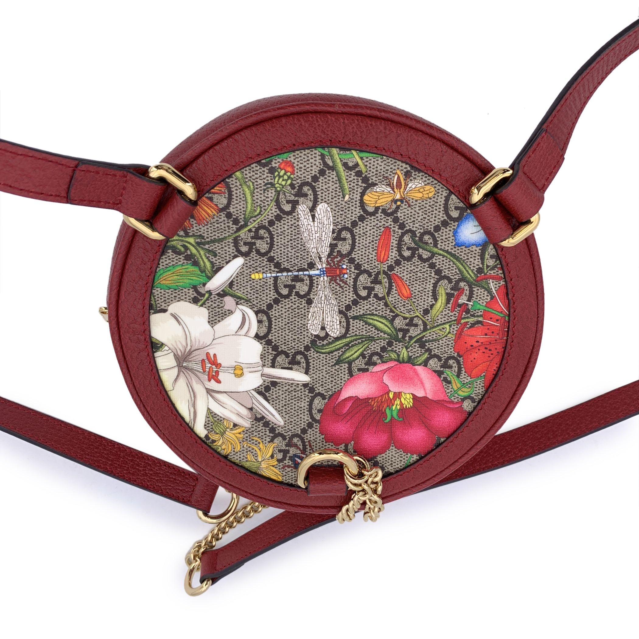 Gucci Monogram Canvas Flora Round Ophidia Mini Backpack Bag Red In Excellent Condition For Sale In Rome, Rome