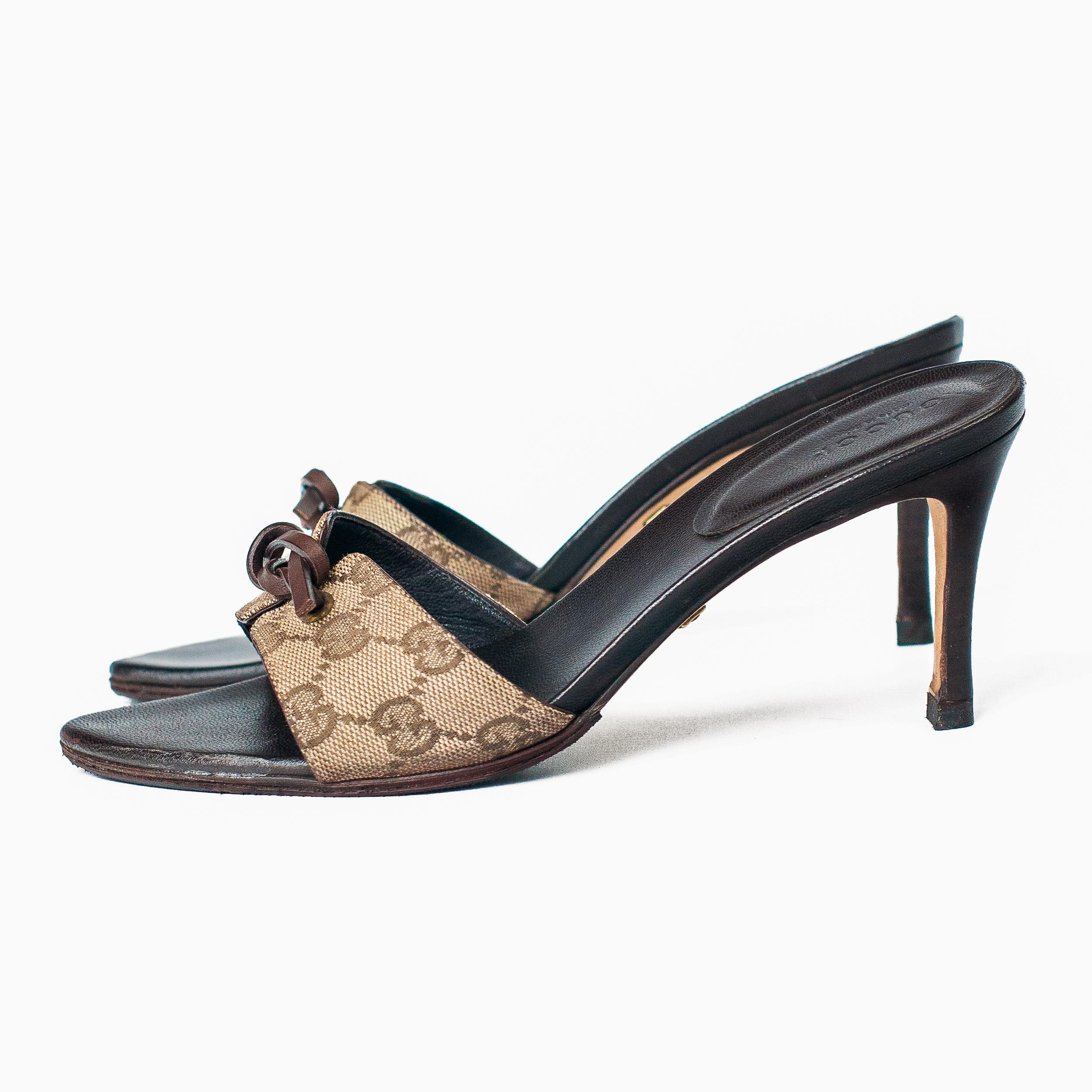 Gucci Monogram Canvas High Heel Mules size 37 In Good Condition In London, GB