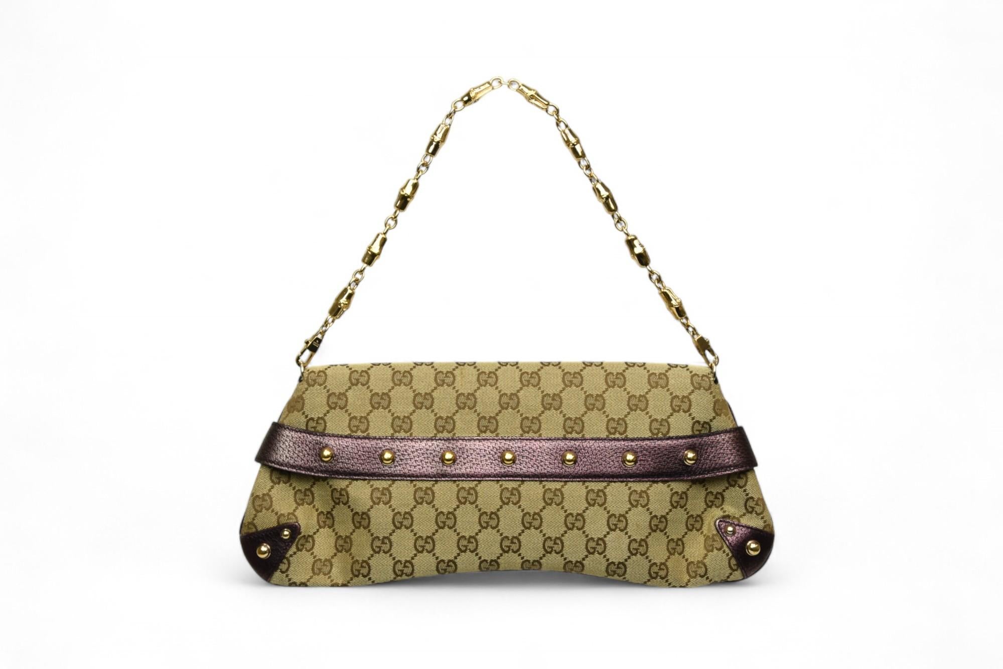 Brown Gucci Monogram Canvas Horsebit Clutch  Gold Chain & Metallic Leather For Sale