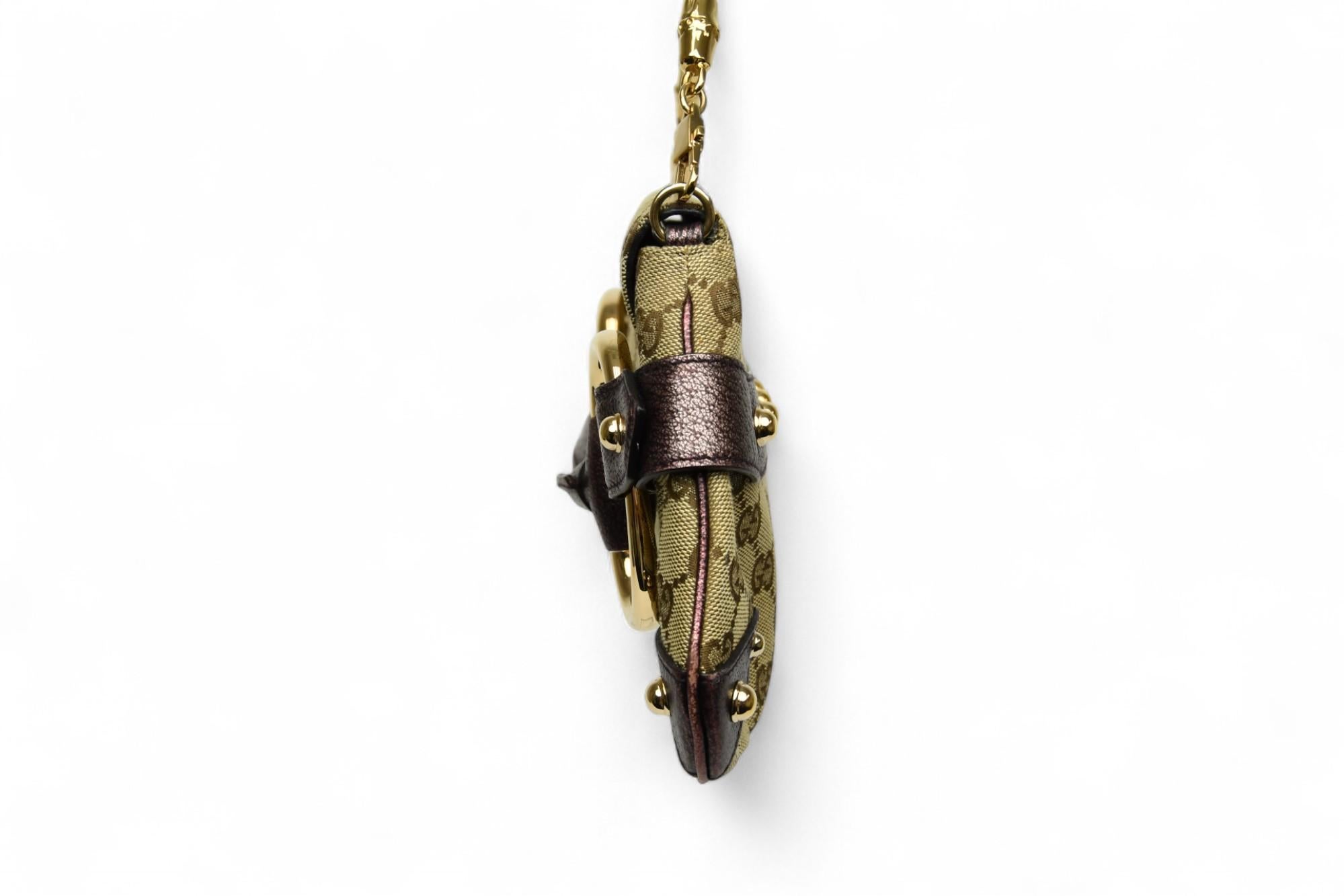 Women's Gucci Monogram Canvas Horsebit Clutch  Gold Chain & Metallic Leather For Sale
