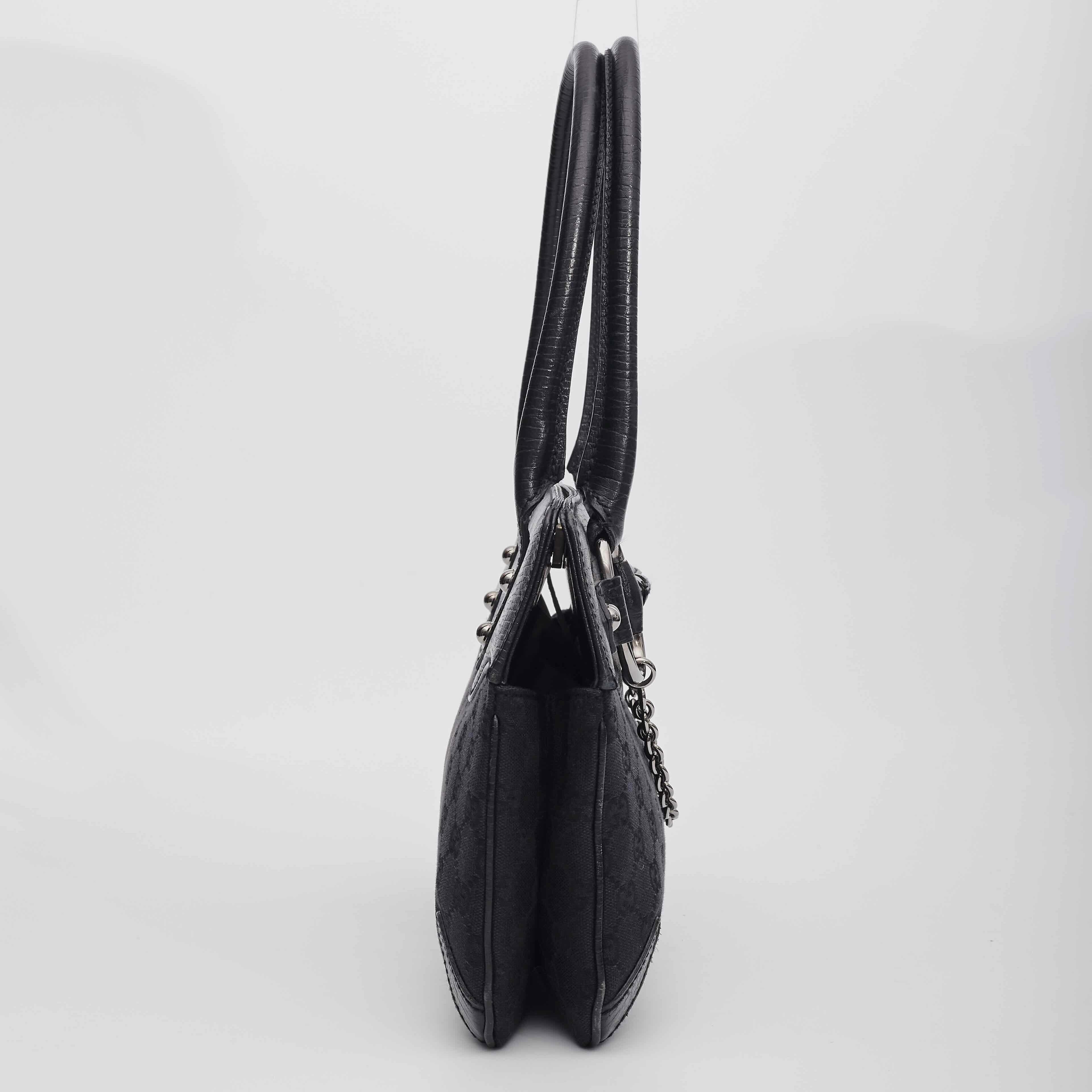 Gucci Monogramm-Tragetasche aus Segeltuch mit Pferdekopf (Schwarz) im Angebot