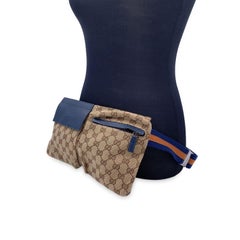 Gucci Monogram Canvas Leather Double Pocket Belt Bag Blue Orange